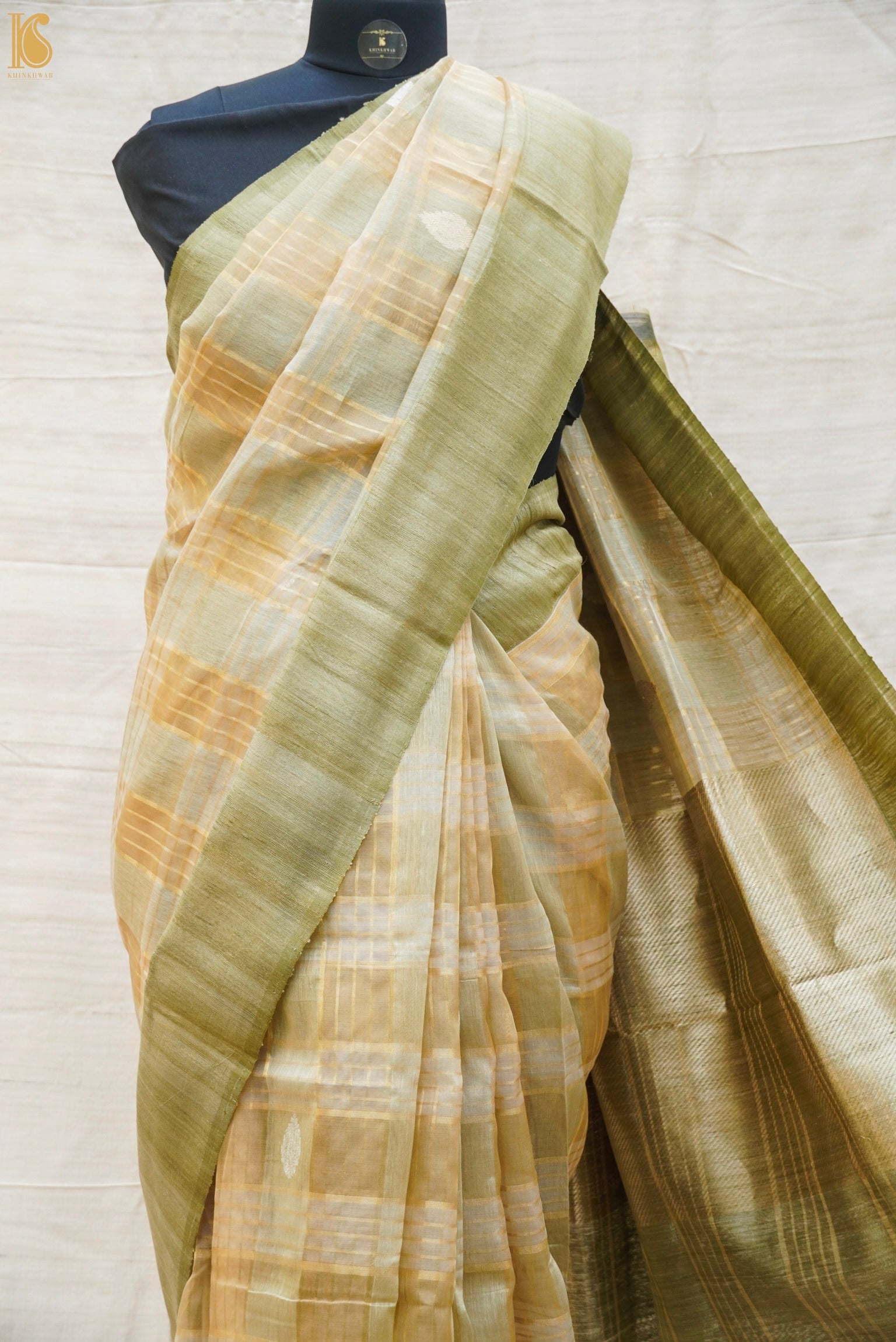 Straw Brown Pure Linen Handloom Banarasi Kadwa Saree - Khinkhwab