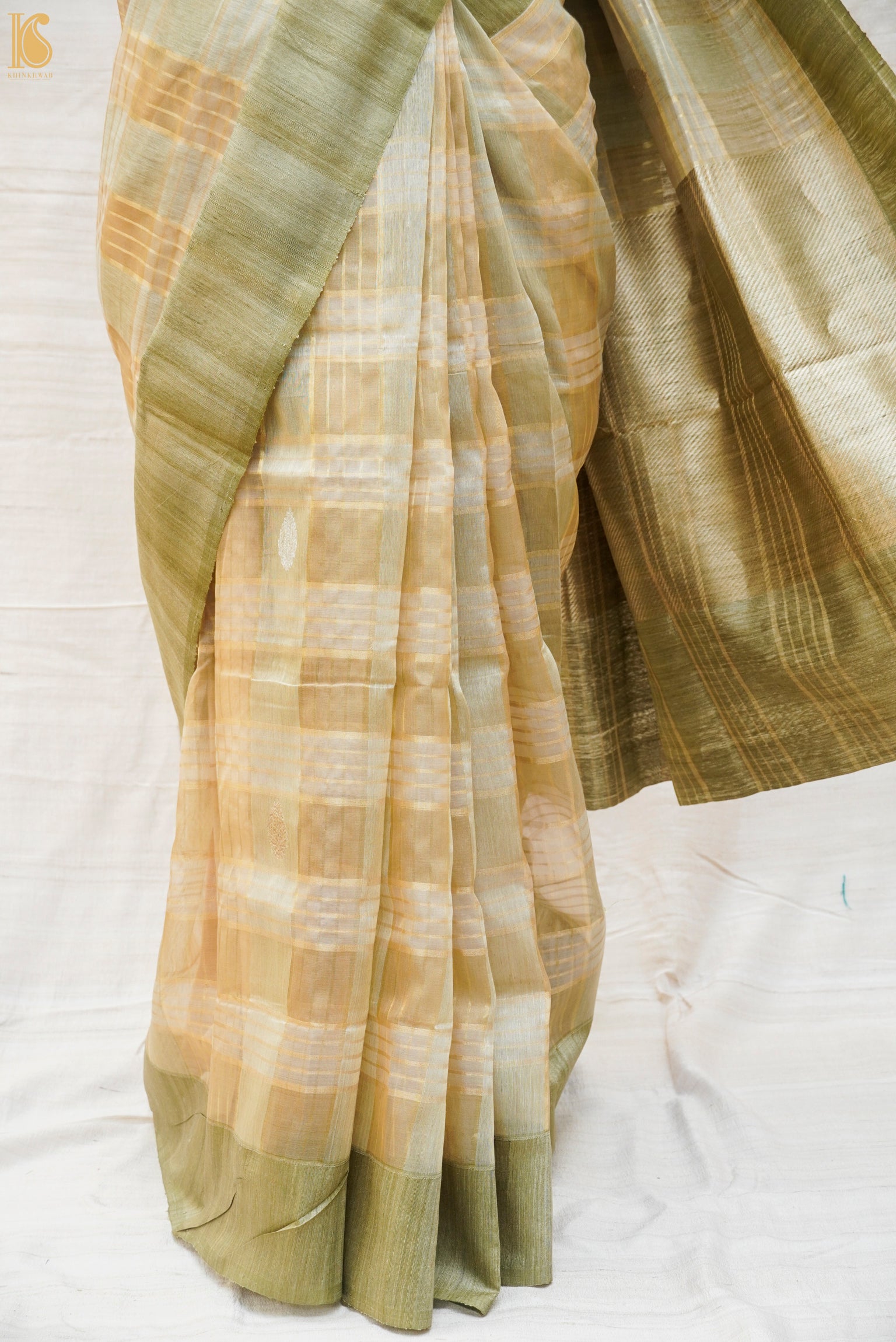 Straw Brown Pure Linen Handloom Banarasi Kadwa Saree - Khinkhwab