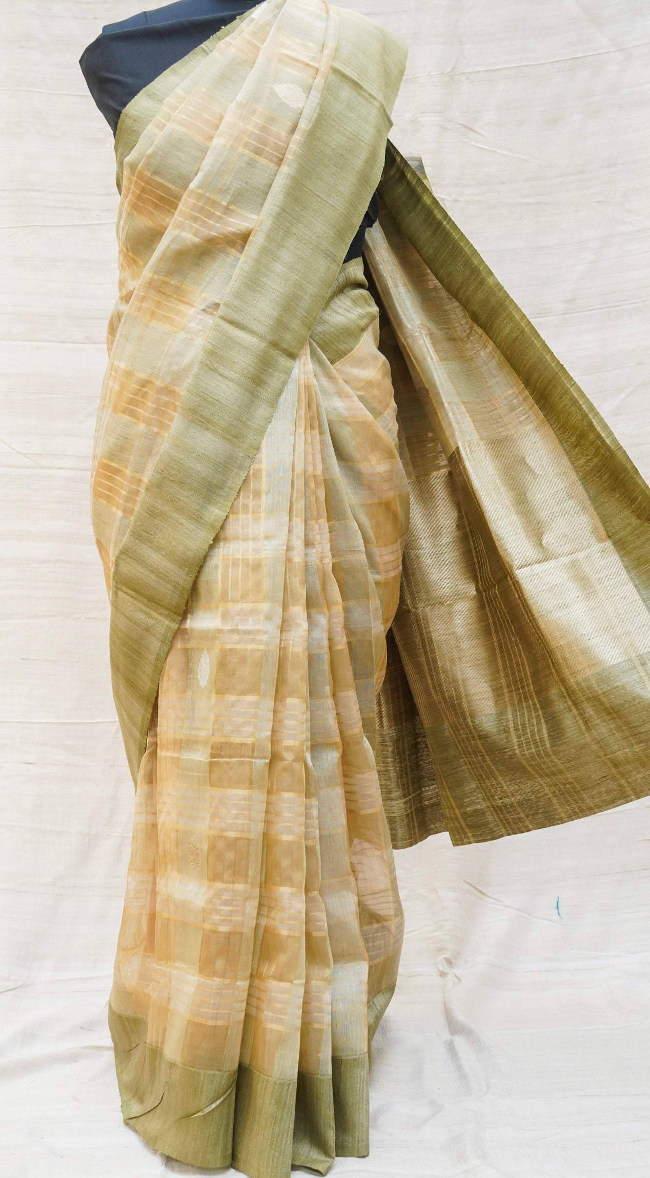 Straw Brown Pure Linen Handloom Banarasi Kadwa Saree - Khinkhwab