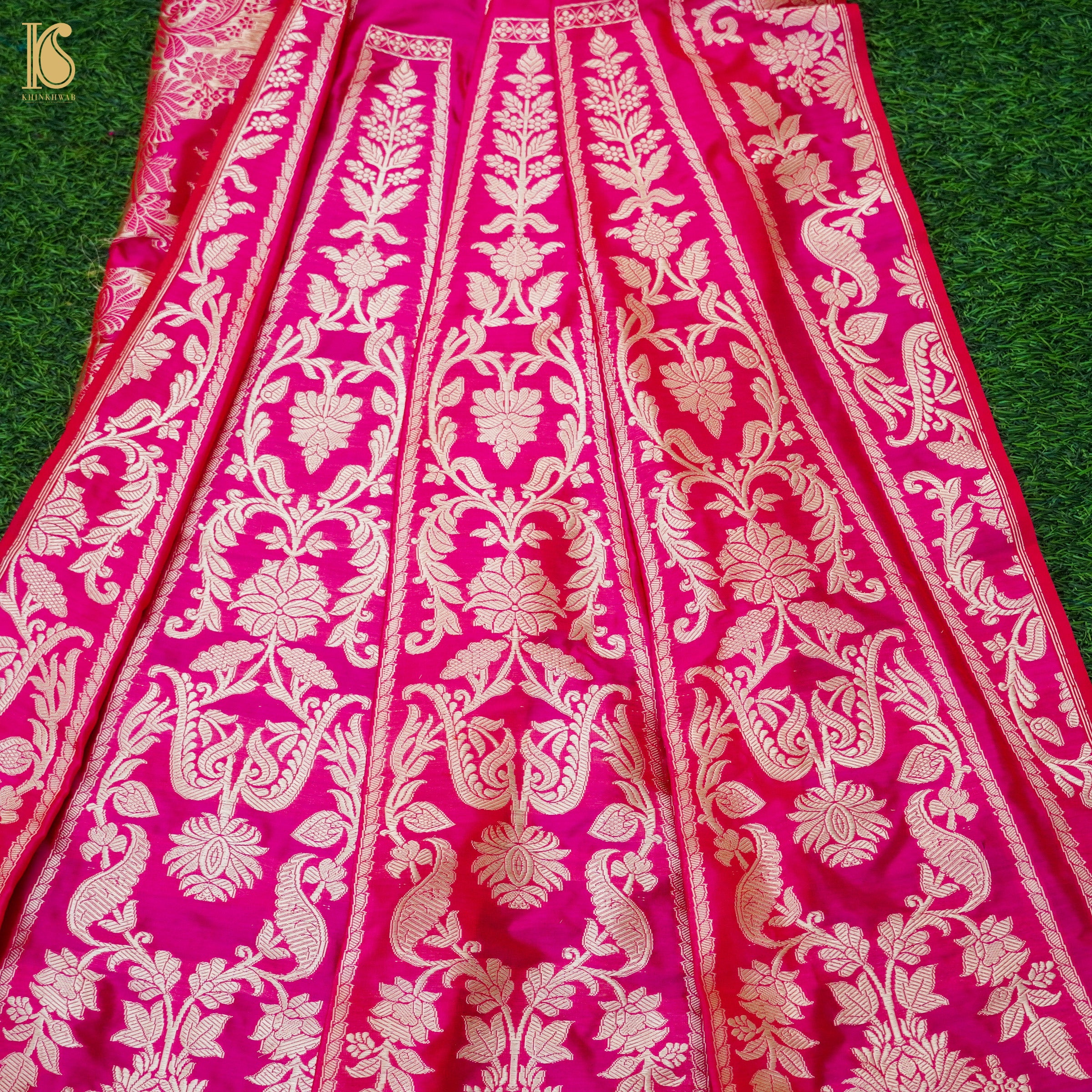 Razzmatazz PInk Pure Katan Silk Handloom Banarasi Kalidar Lehenga - Khinkhwab