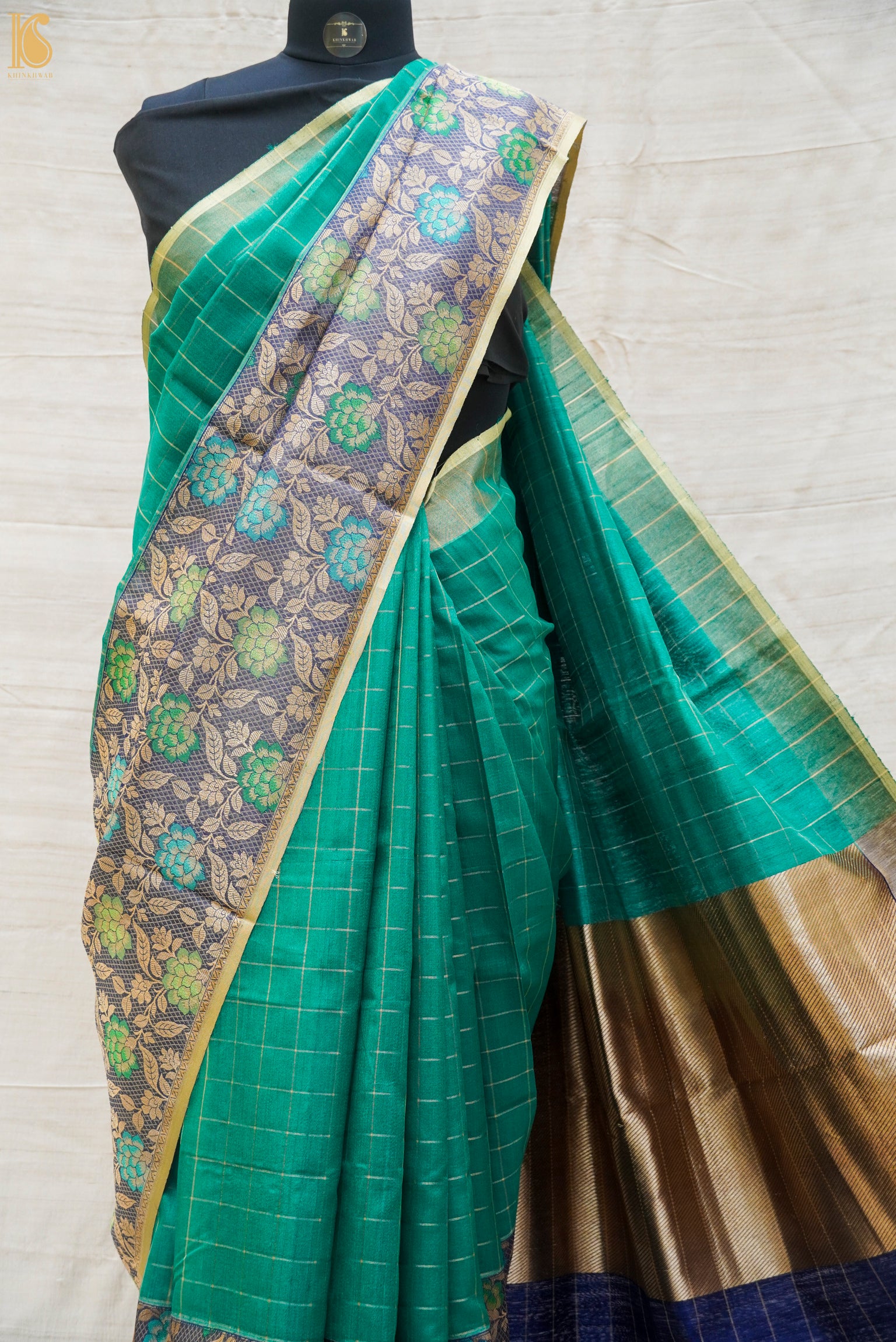 Sea Green Pure Linen Handloom Banarasi Saree - Khinkhwab