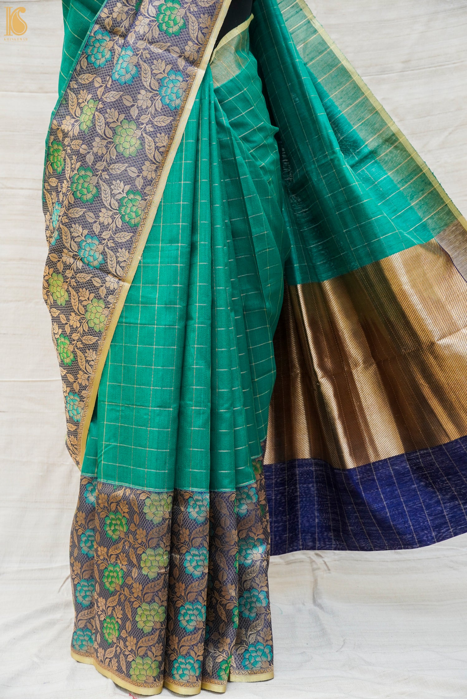 Sea Green Pure Linen Handloom Banarasi Saree - Khinkhwab