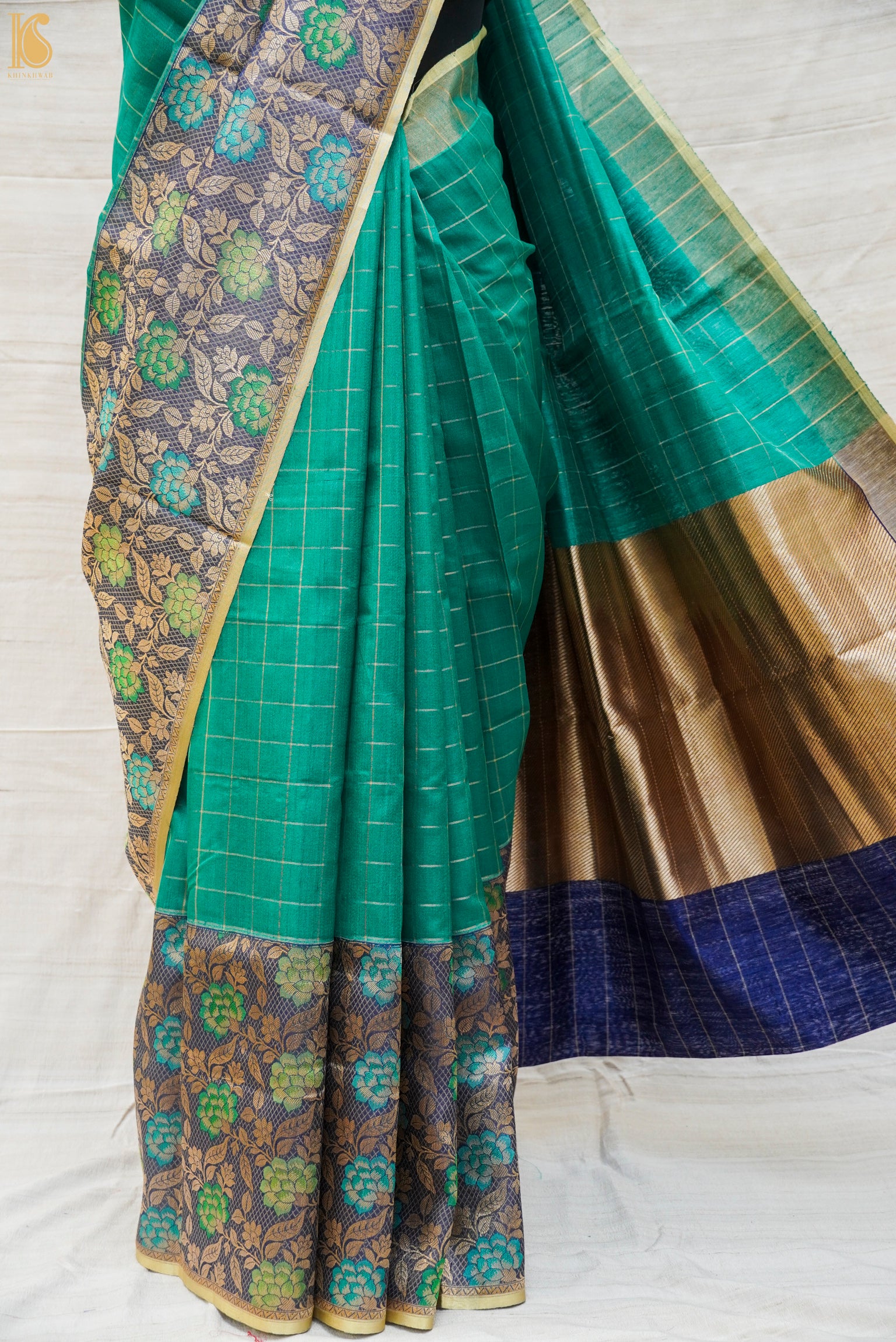 Sea Green Pure Linen Handloom Banarasi Saree - Khinkhwab