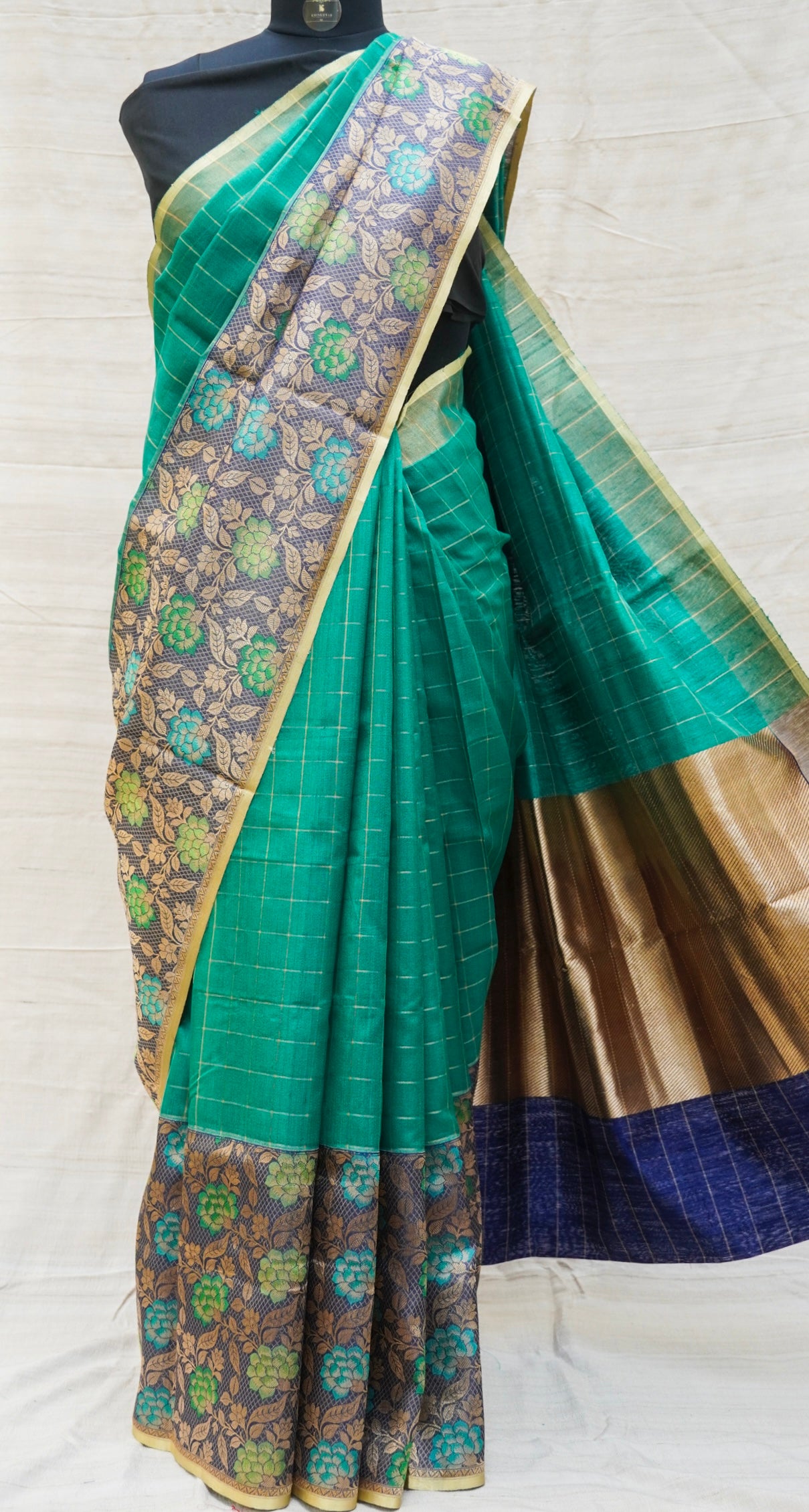 Sea Green Pure Linen Handloom Banarasi Saree - Khinkhwab
