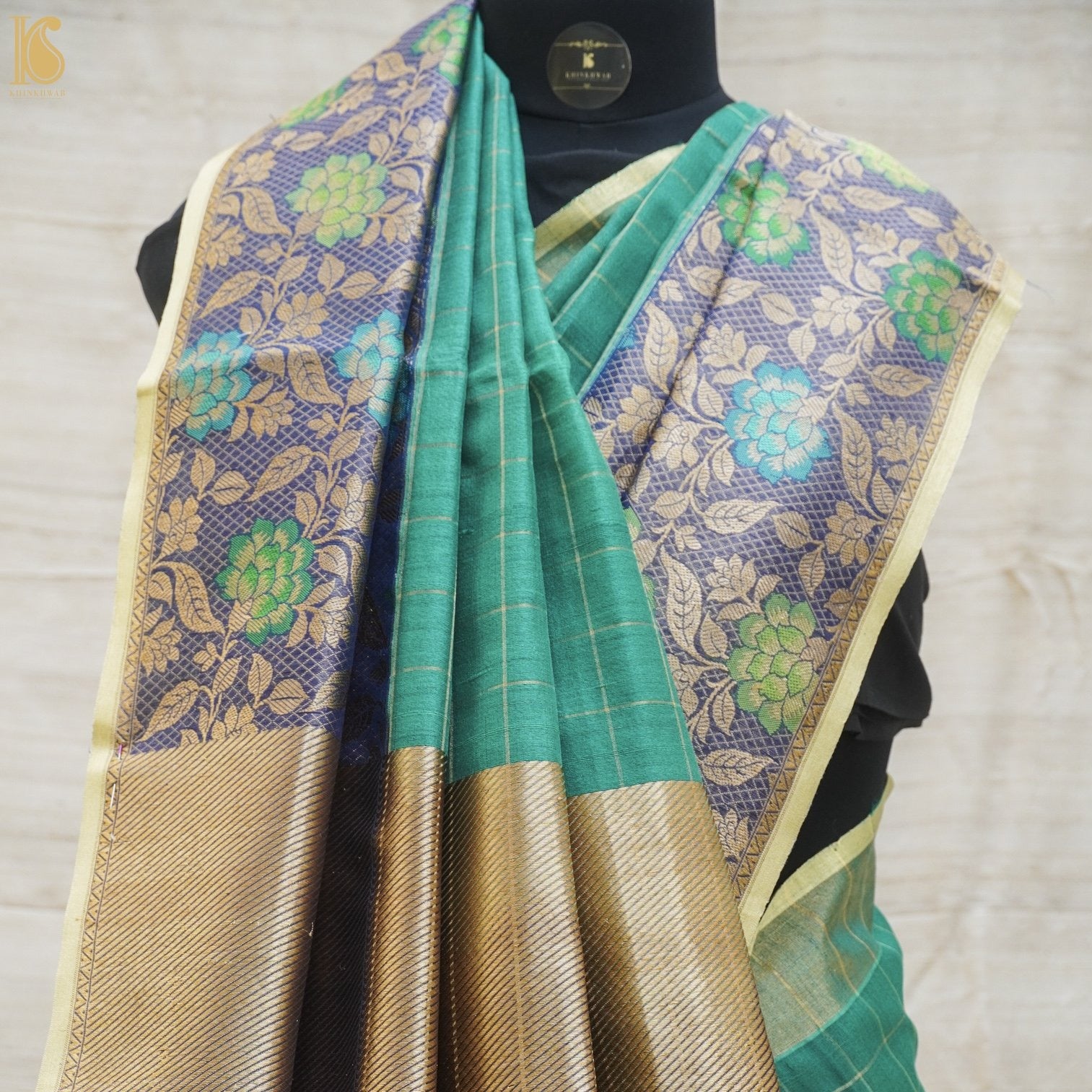 Sea Green Pure Linen Handloom Banarasi Saree - Khinkhwab