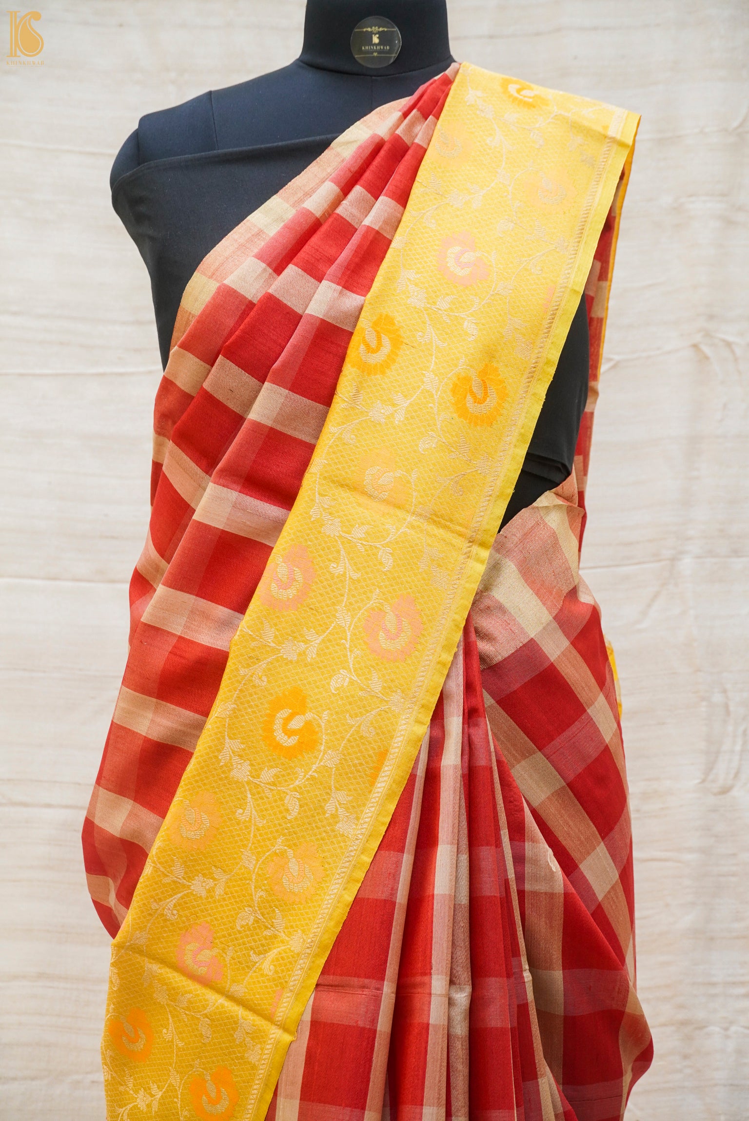 Red & Yellow Pure Linen Handloom Banarasi Saree - Khinkhwab