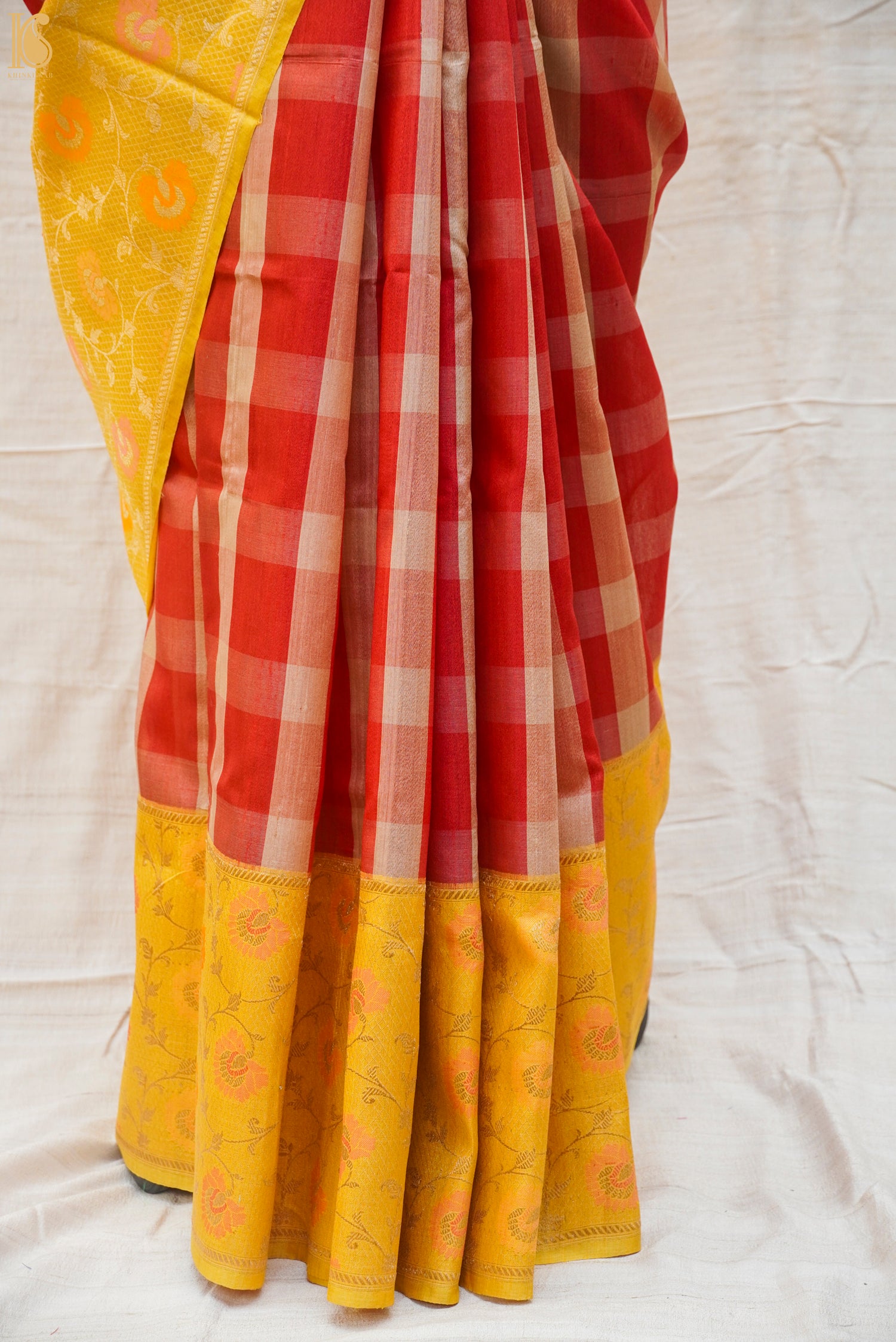 Red & Yellow Pure Linen Handloom Banarasi Saree - Khinkhwab