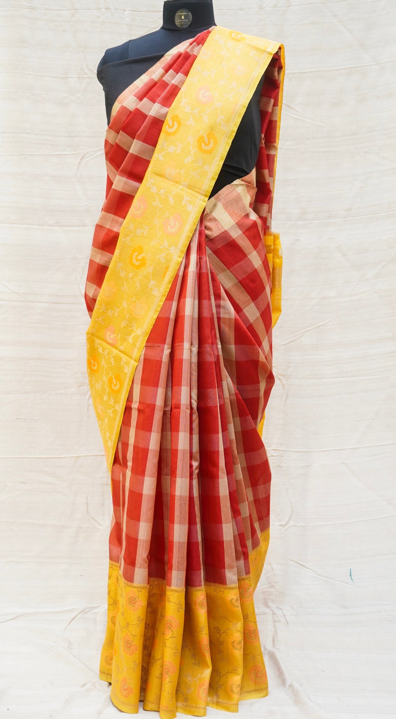 Red & Yellow Pure Linen Handloom Banarasi Saree - Khinkhwab