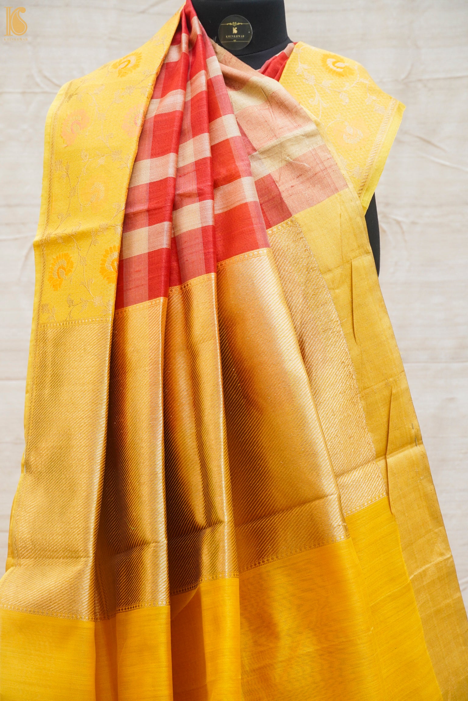 Red & Yellow Pure Linen Handloom Banarasi Saree - Khinkhwab