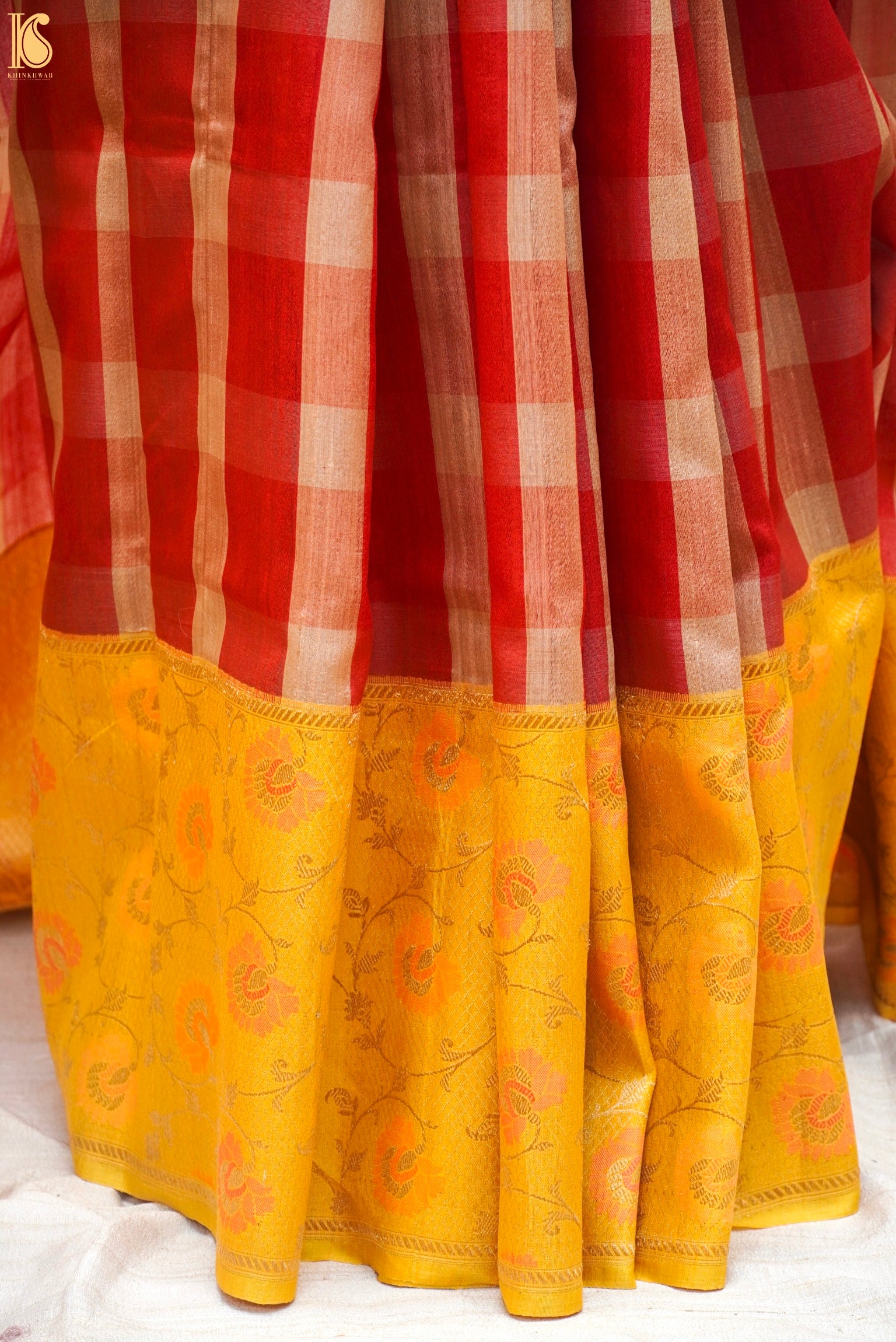 Red & Yellow Pure Linen Handloom Banarasi Saree - Khinkhwab