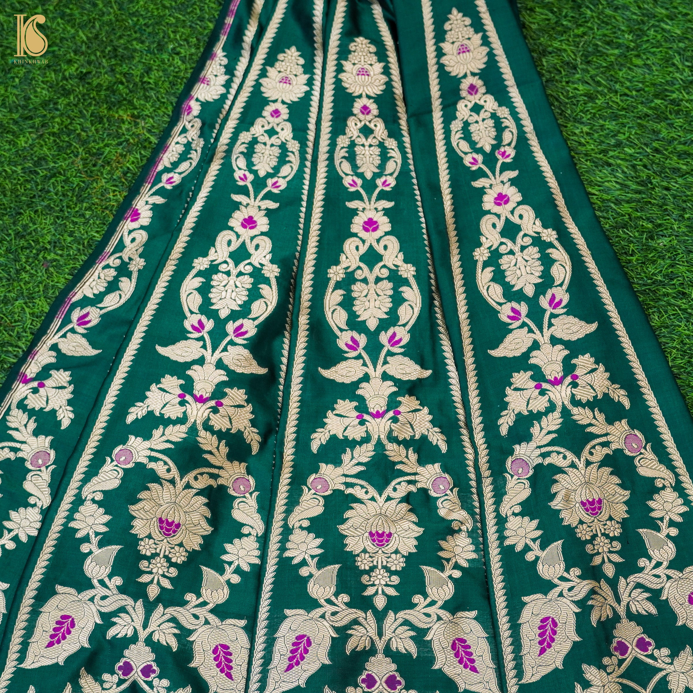 Green Pure Katan Silk Handloom Banarasi Kalidar Lehenga - Khinkhwab