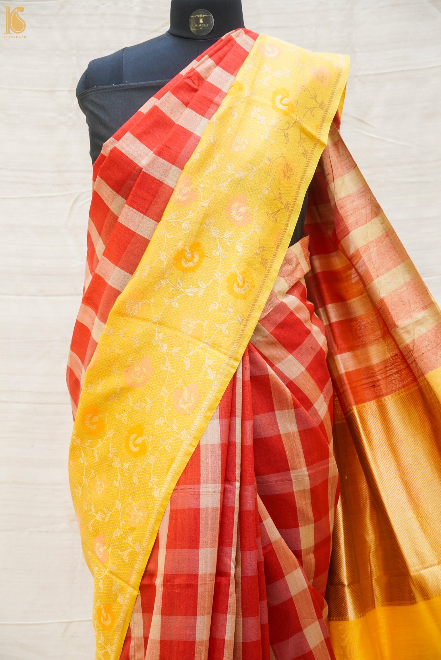 Red & Yellow Pure Linen Handloom Banarasi Saree - Khinkhwab