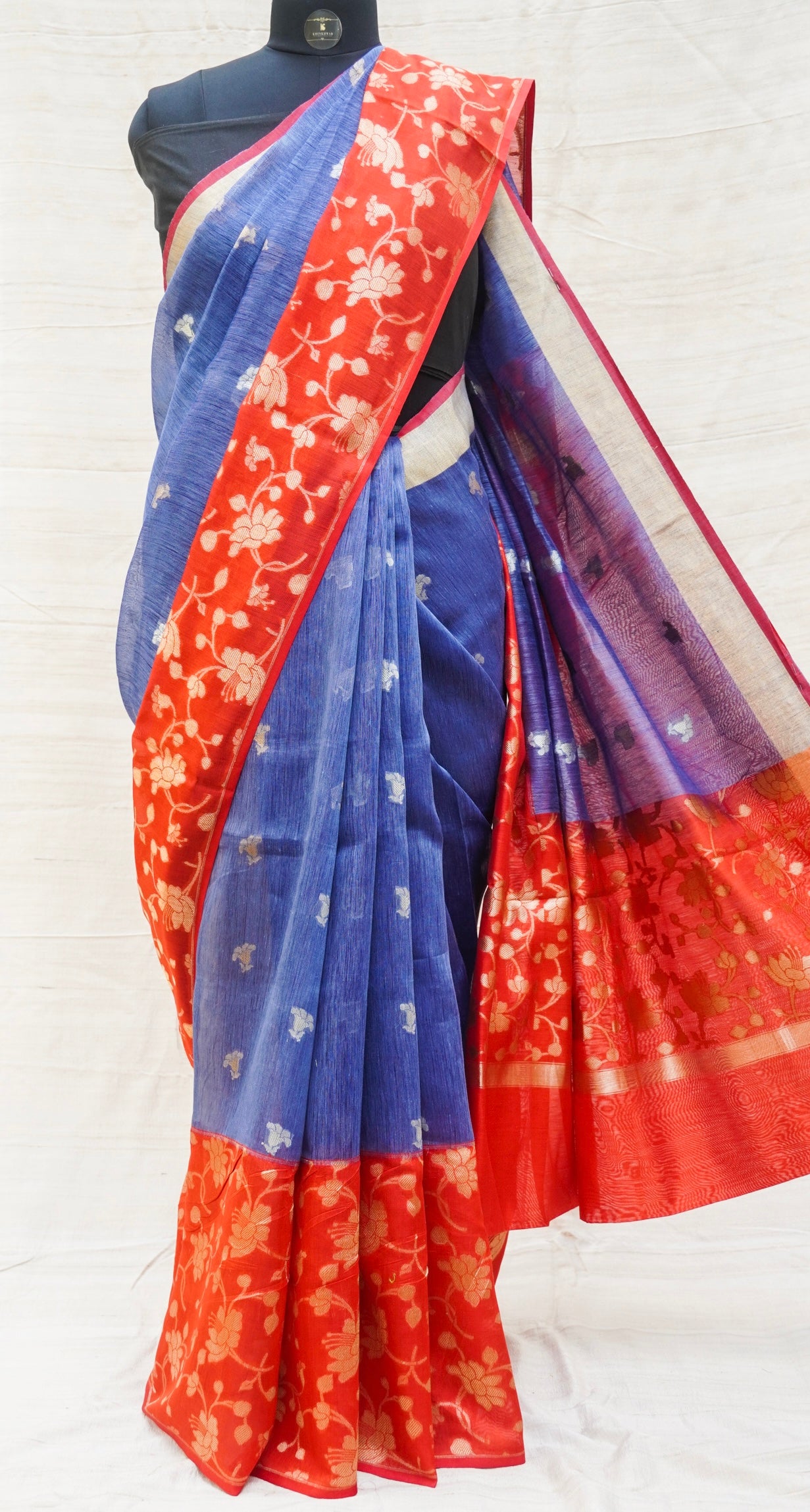 Blue & Red Pure Linen Handloom Banarasi Kadwa Saree - Khinkhwab
