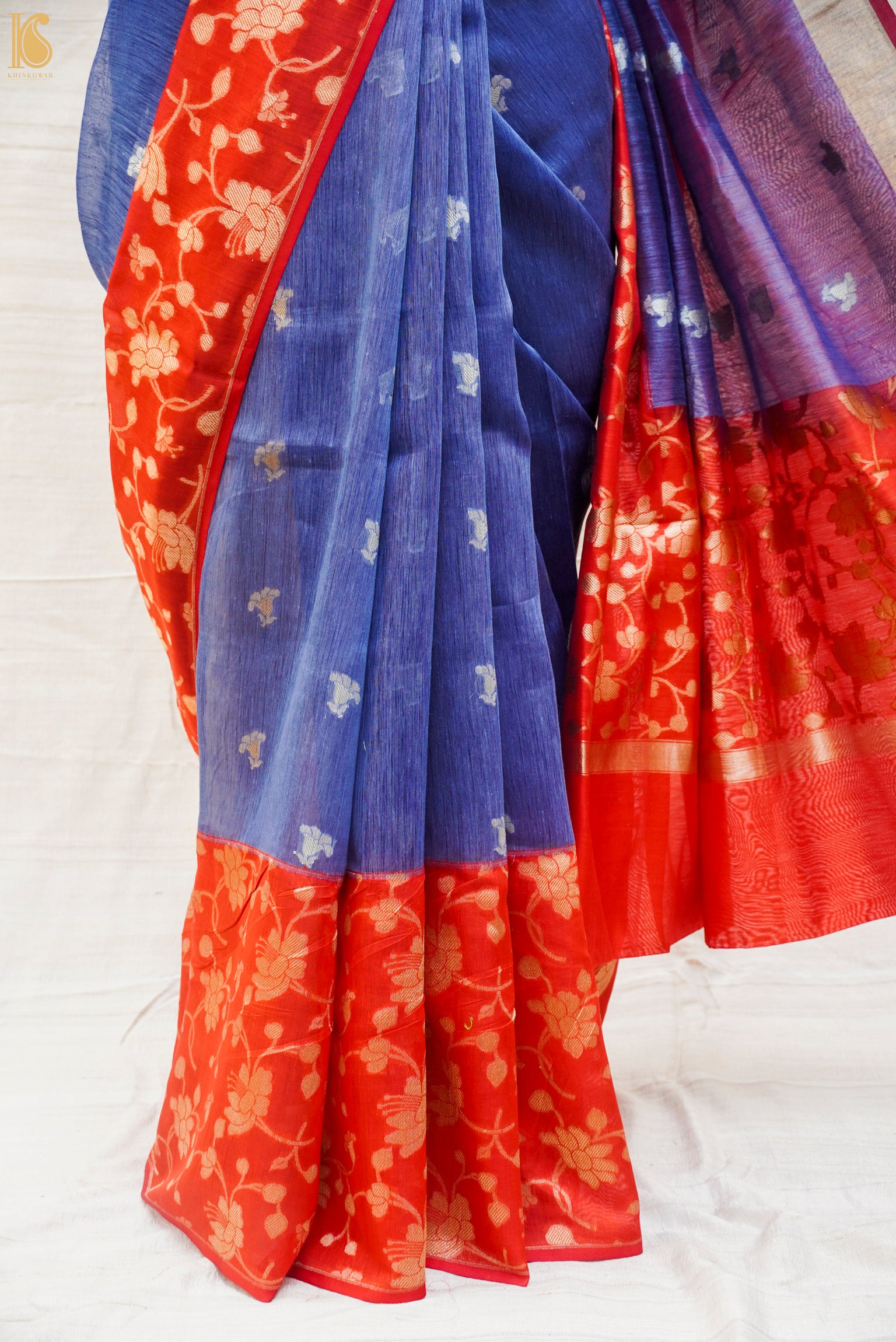 Blue & Red Pure Linen Handloom Banarasi Kadwa Saree - Khinkhwab