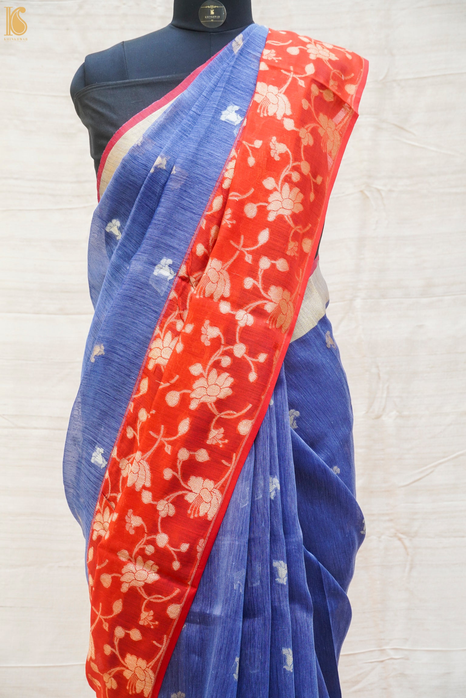 Blue & Red Pure Linen Handloom Banarasi Kadwa Saree - Khinkhwab