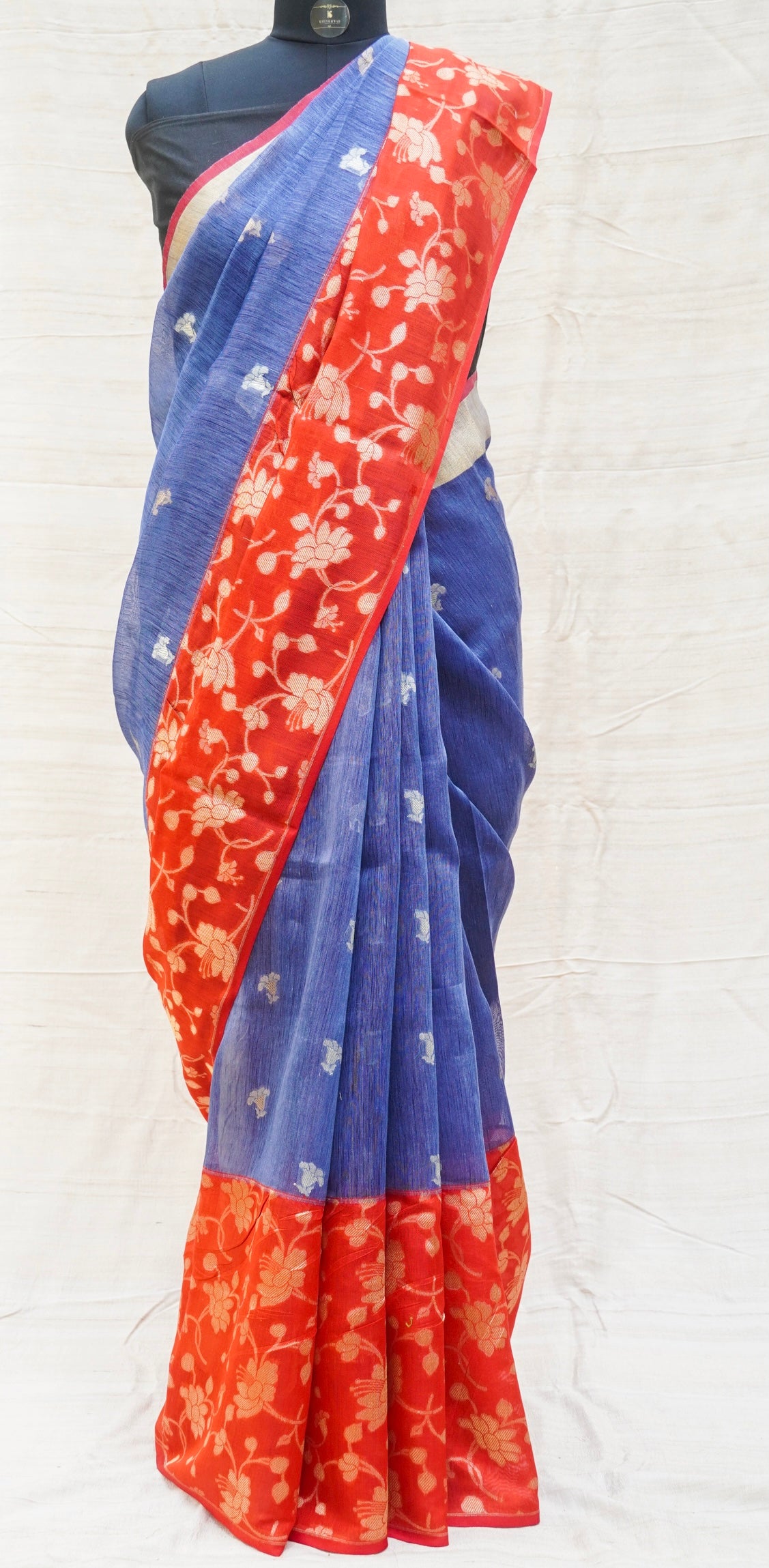 Blue & Red Pure Linen Handloom Banarasi Kadwa Saree - Khinkhwab
