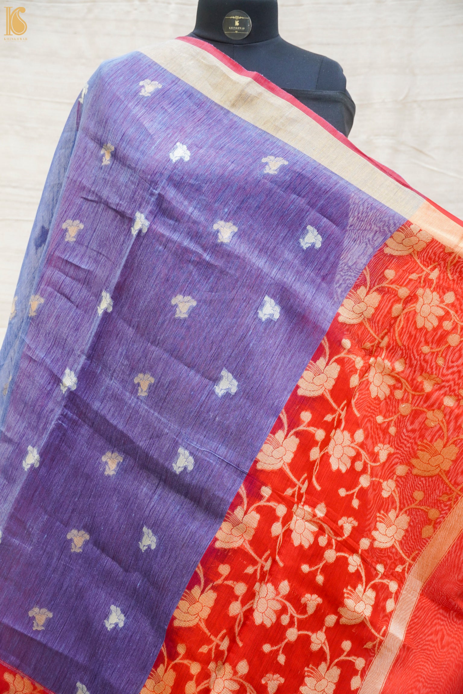 Blue & Red Pure Linen Handloom Banarasi Kadwa Saree - Khinkhwab