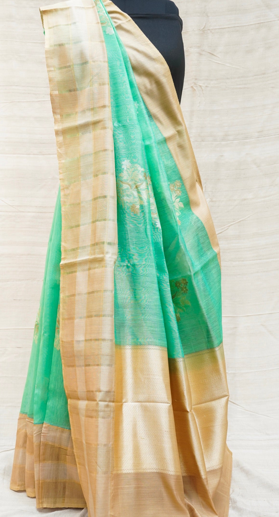 Mountain Meadow Green Pure Linen Handloom Banarasi Kadwa Saree - Khinkhwab
