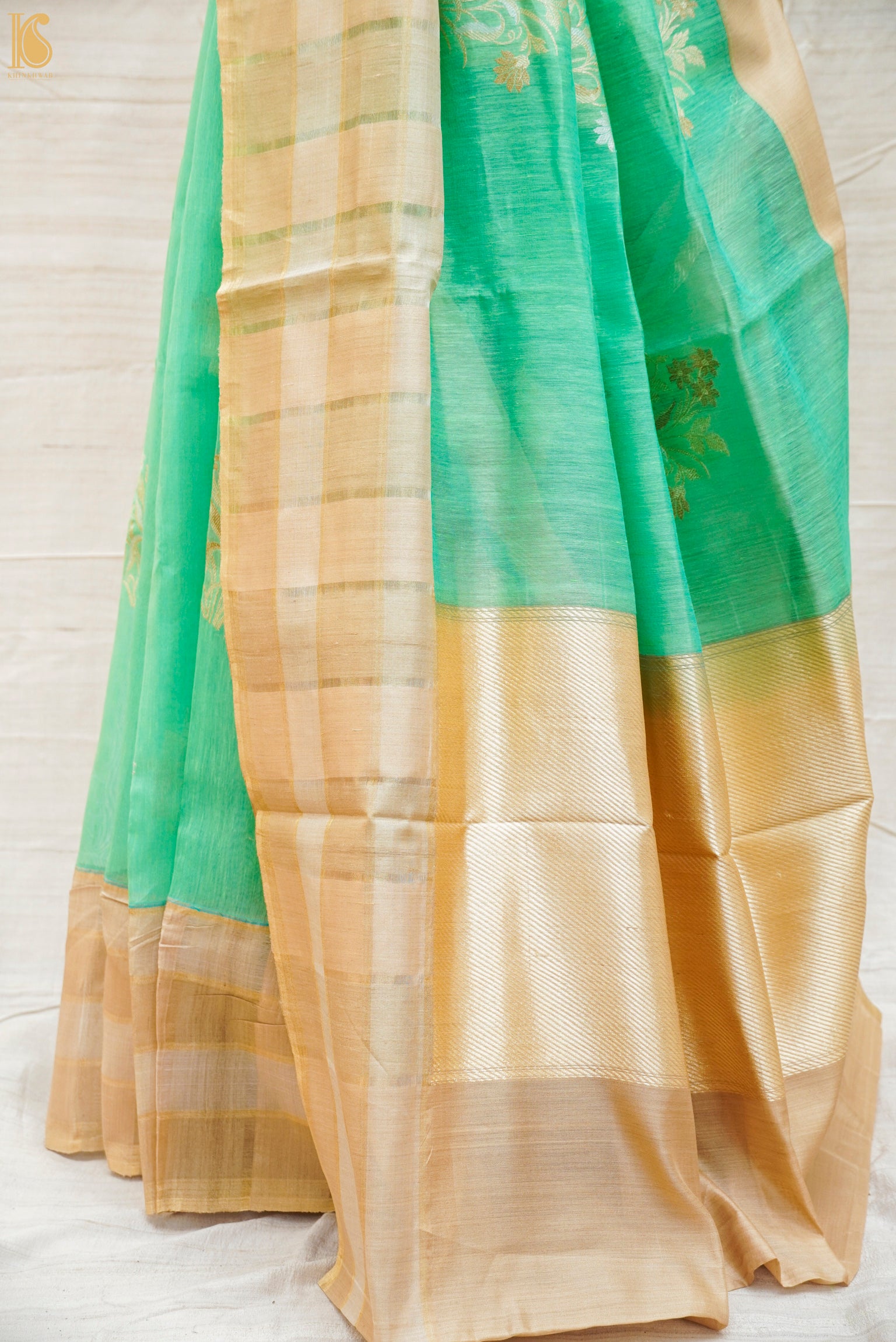 Mountain Meadow Green Pure Linen Handloom Banarasi Kadwa Saree - Khinkhwab
