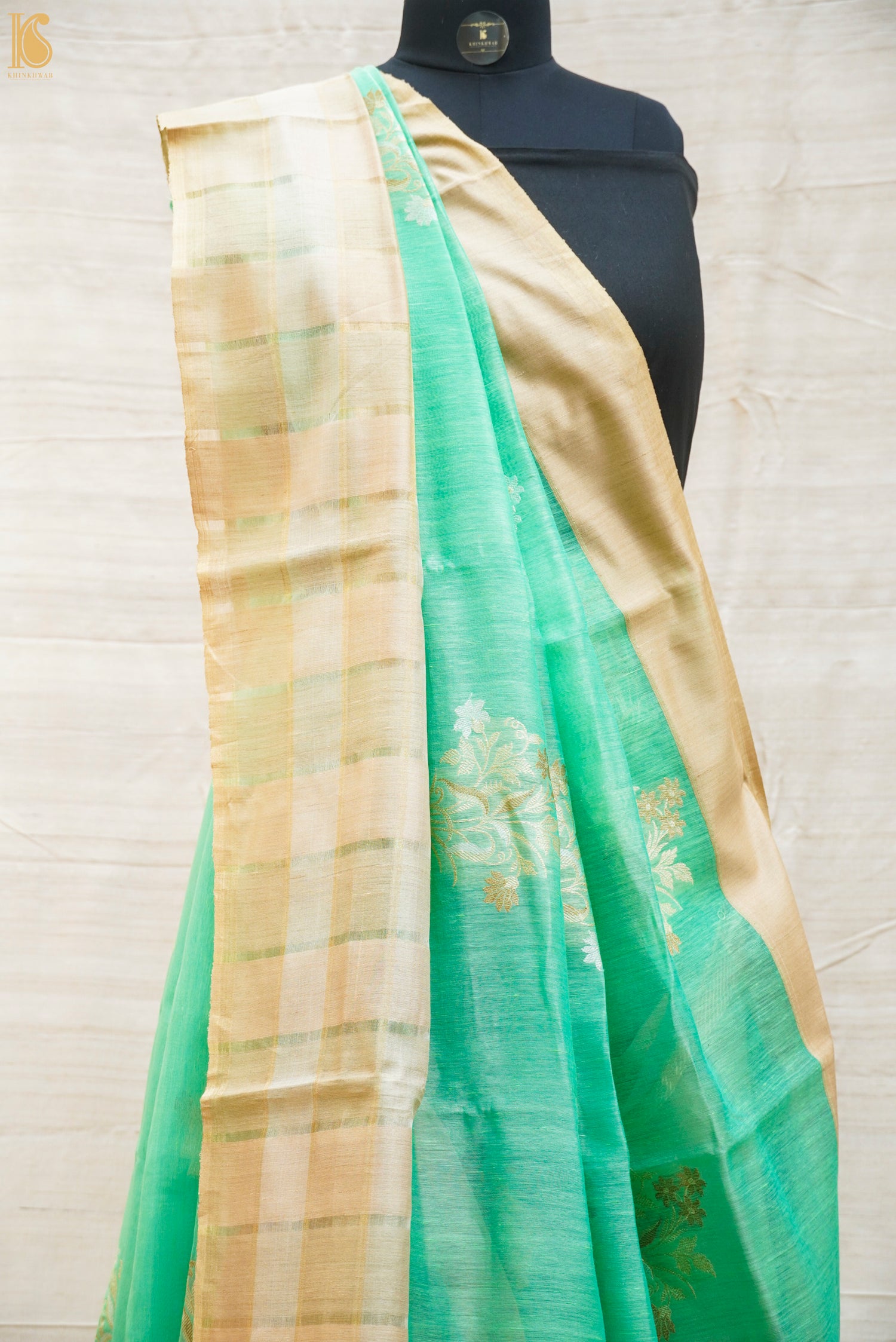 Mountain Meadow Green Pure Linen Handloom Banarasi Kadwa Saree - Khinkhwab