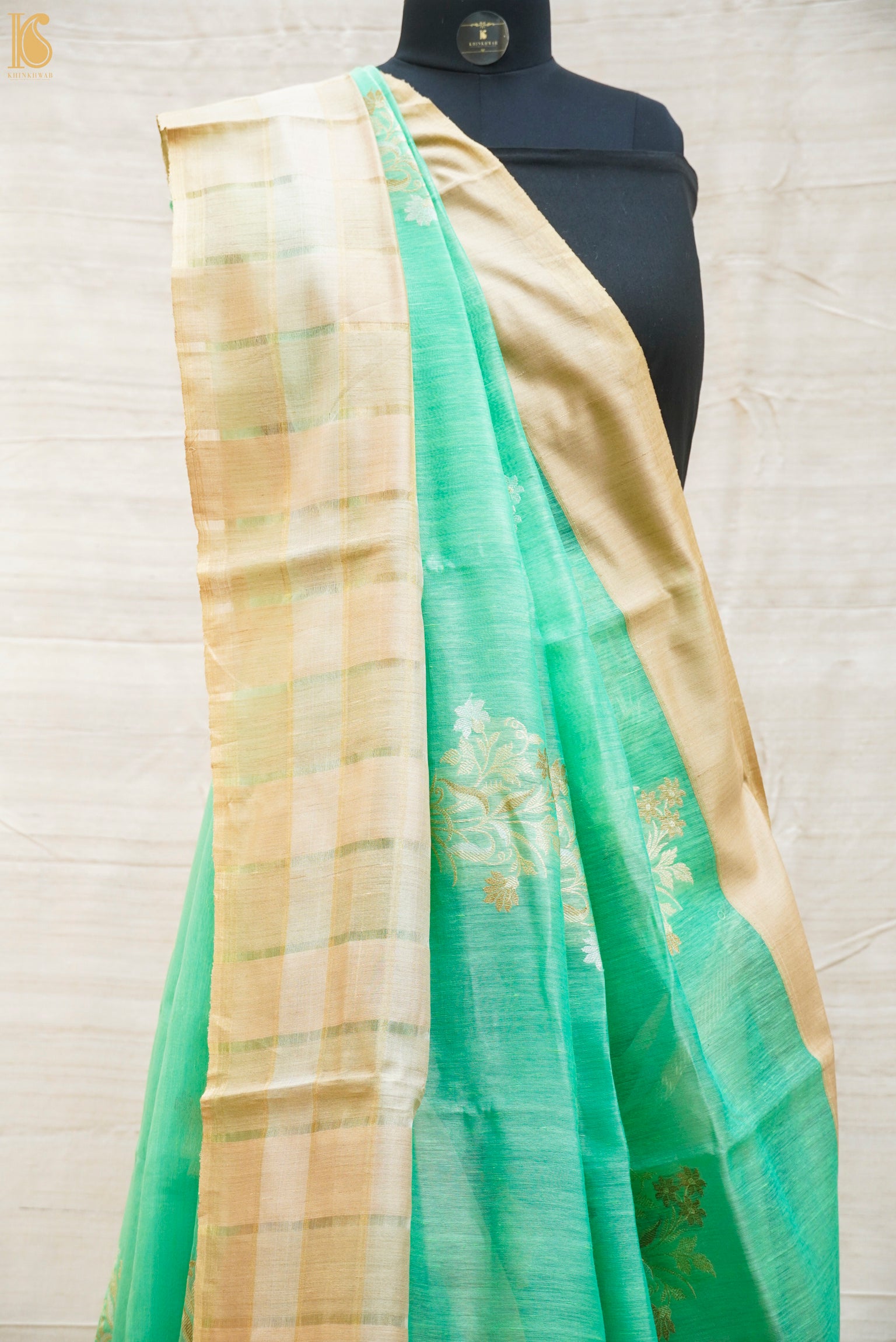 Mountain Meadow Green Pure Linen Handloom Banarasi Kadwa Saree - Khinkhwab