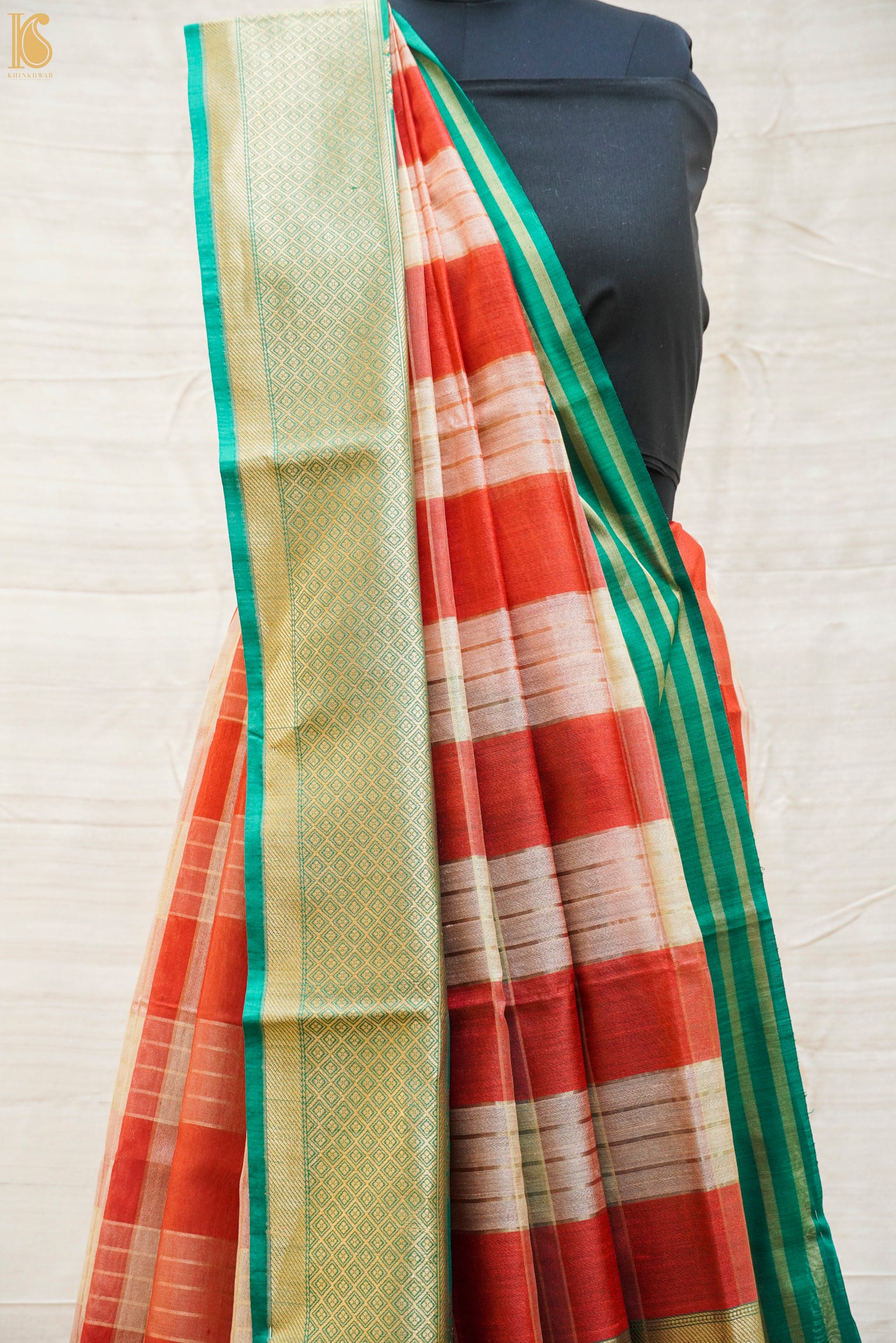 Red & Green Pure Linen Handloom Banarasi Kadwa Saree - Khinkhwab