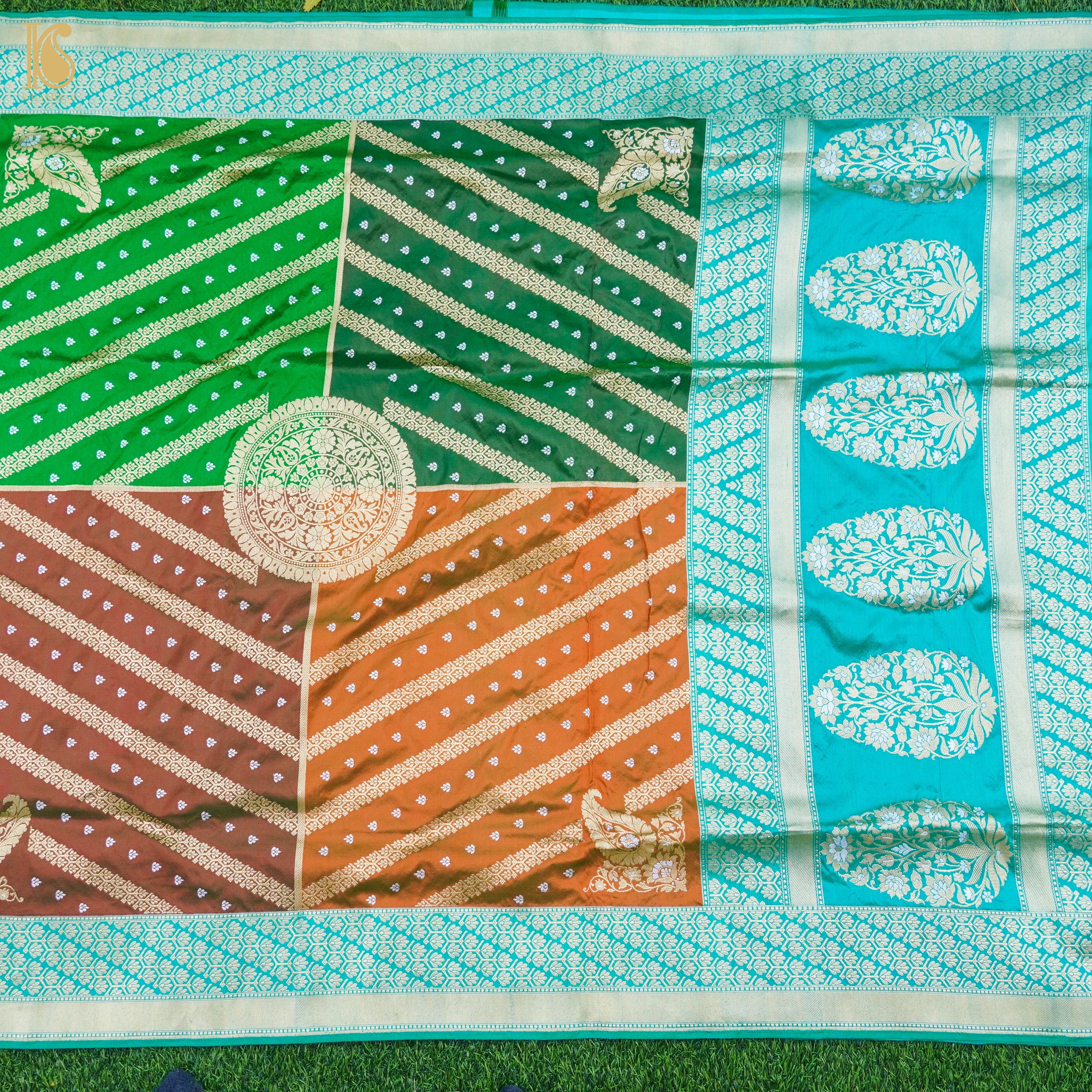 Turquoise Blue Handwoven Pure Katan Silk Chauki Rangkat Banarasi Saree - Khinkhwab