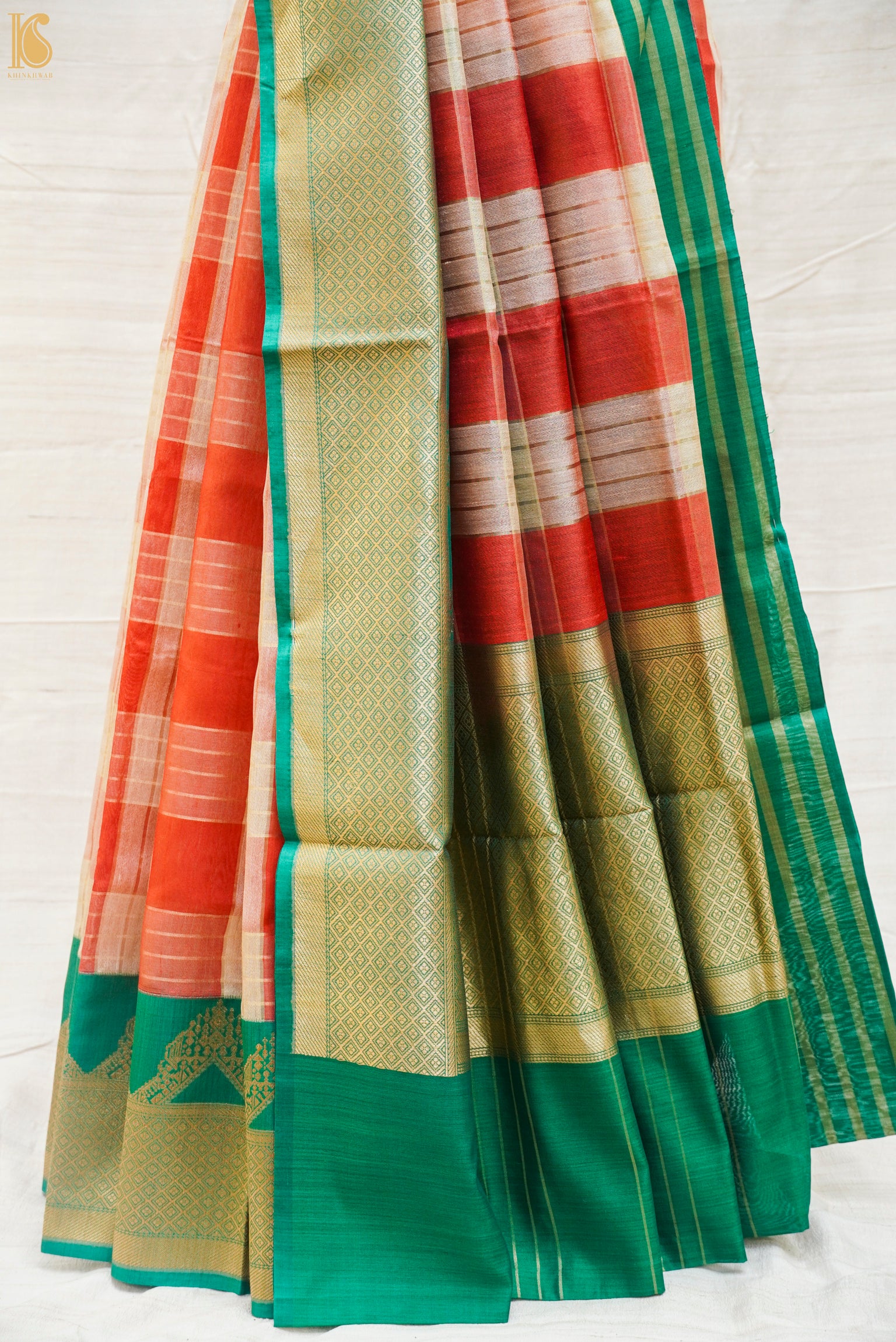 Red & Green Pure Linen Handloom Banarasi Kadwa Saree - Khinkhwab