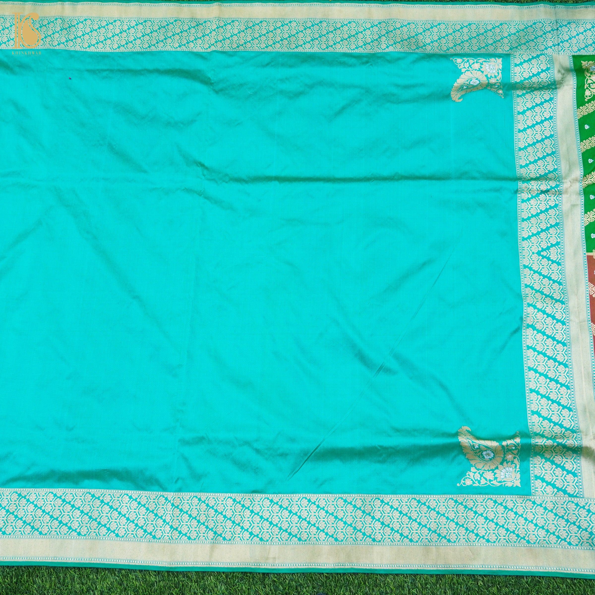 Turquoise Blue Handwoven Pure Katan Silk Chauki Rangkat Banarasi Saree - Khinkhwab