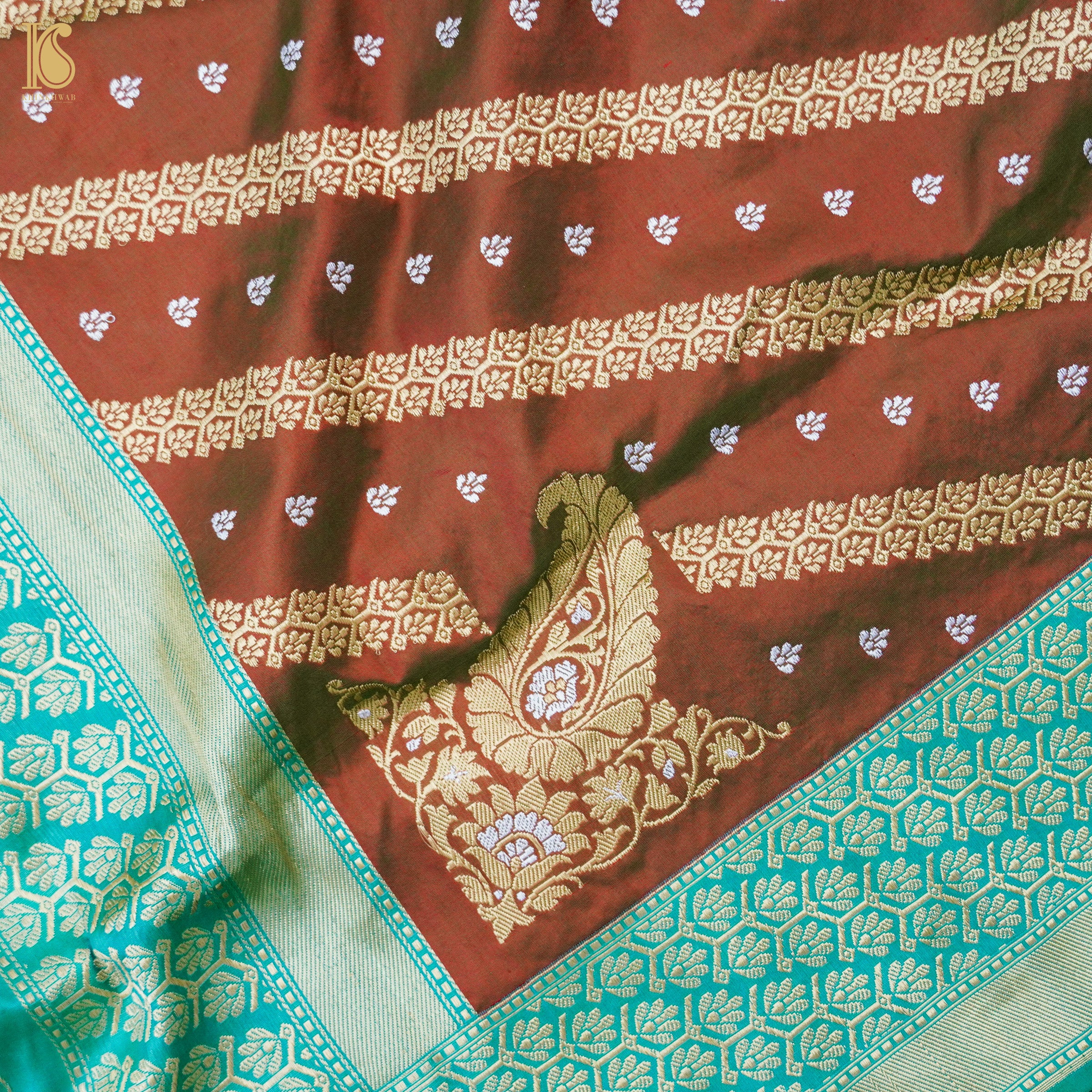 Turquoise Blue Handwoven Pure Katan Silk Chauki Rangkat Banarasi Saree - Khinkhwab