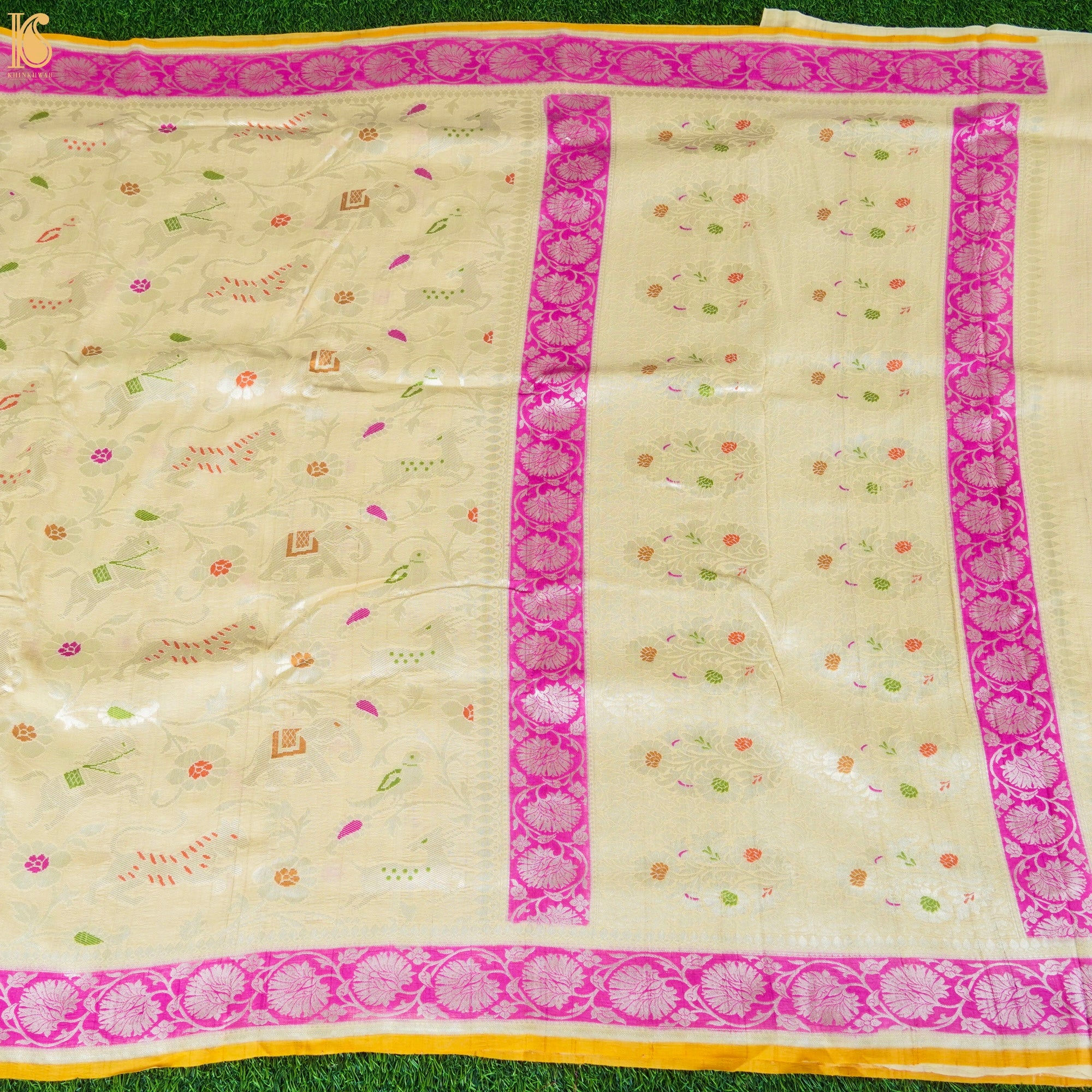Parchment Yellow Pure Tussar Silk Handloom Banarasi Meenakari Shikargah Saree - Khinkhwab