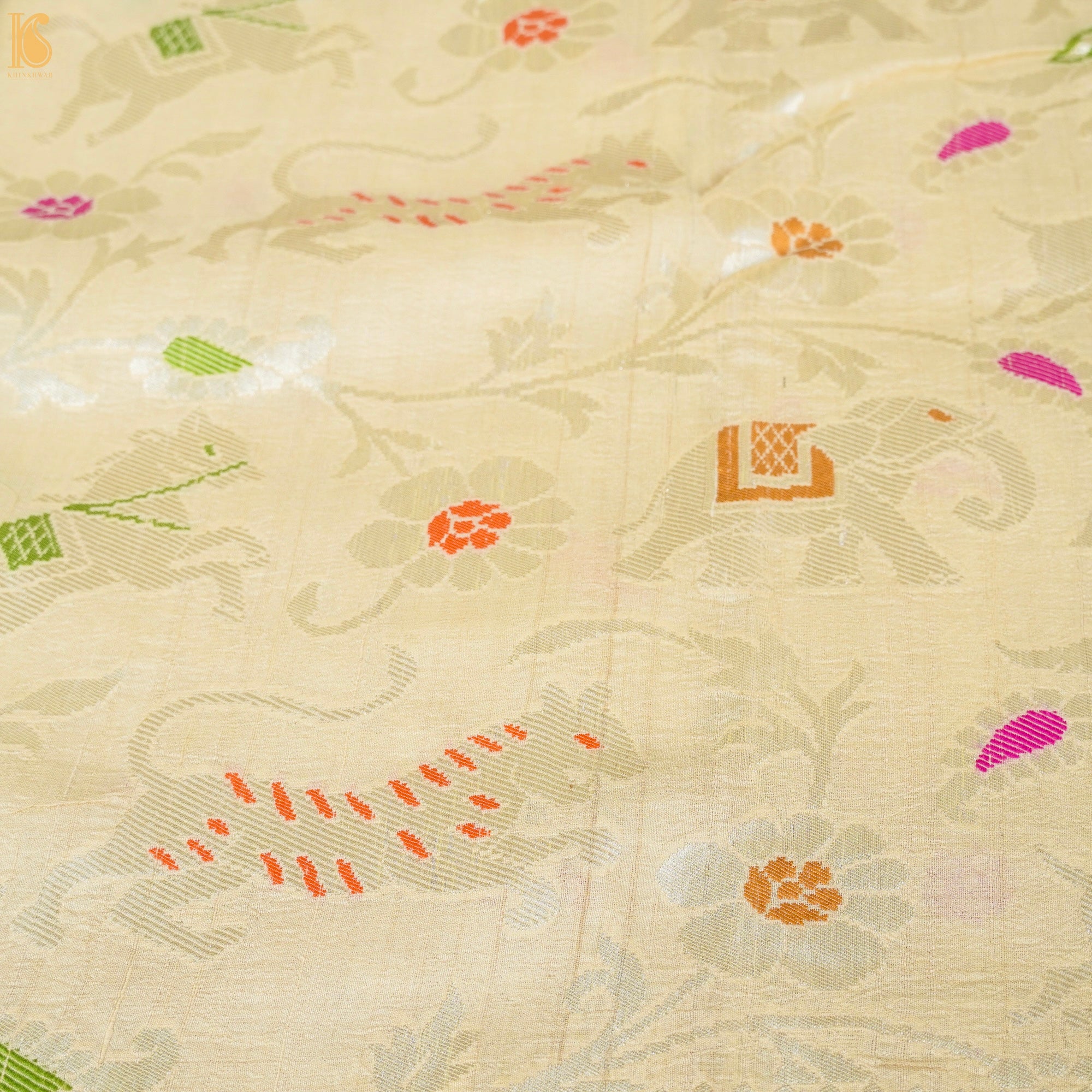 Parchment Yellow Pure Tussar Silk Handloom Banarasi Meenakari Shikargah Saree - Khinkhwab