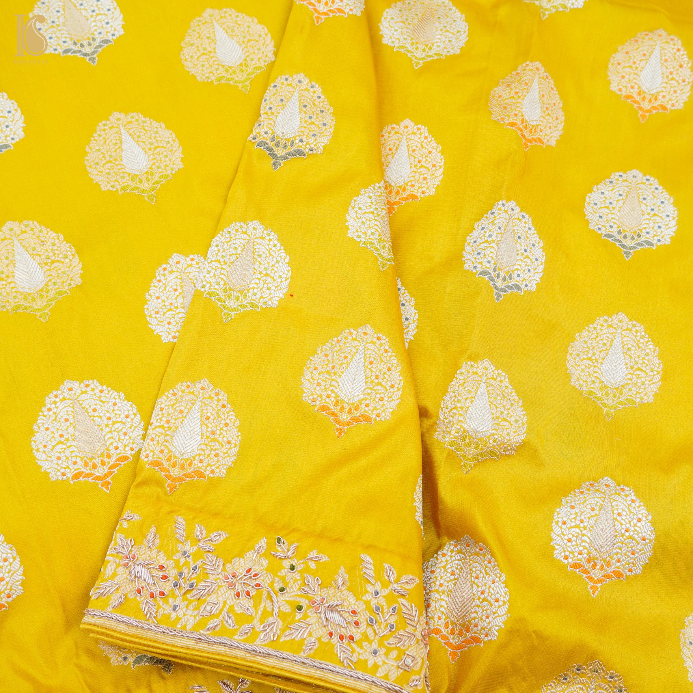 Sunflower Yellow Handwoven Banarasi Silk Mor Boota Embroidery Kadwa Saree - Khinkhwab