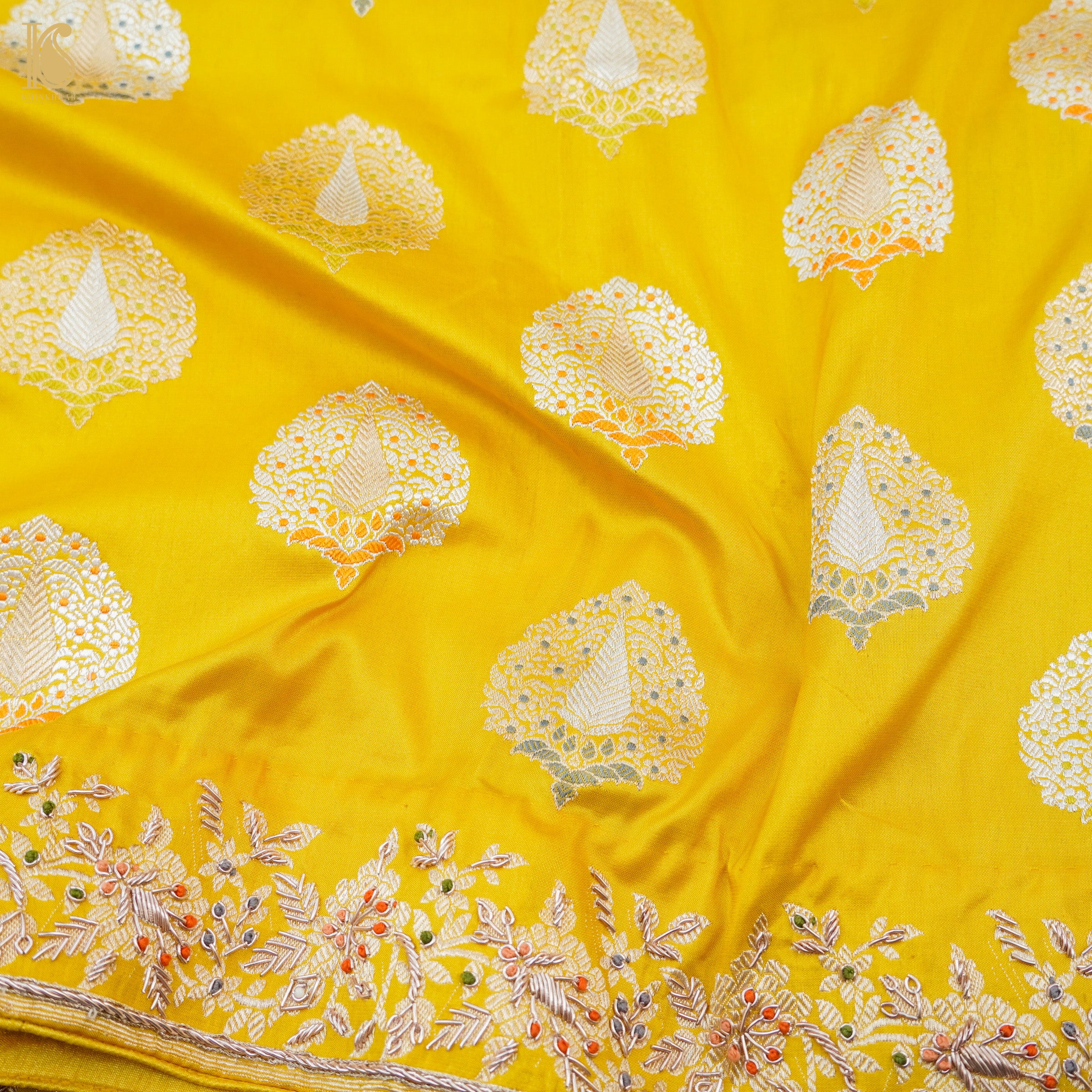 Sunflower Yellow Handwoven Banarasi Silk Mor Boota Embroidery Kadwa Saree - Khinkhwab