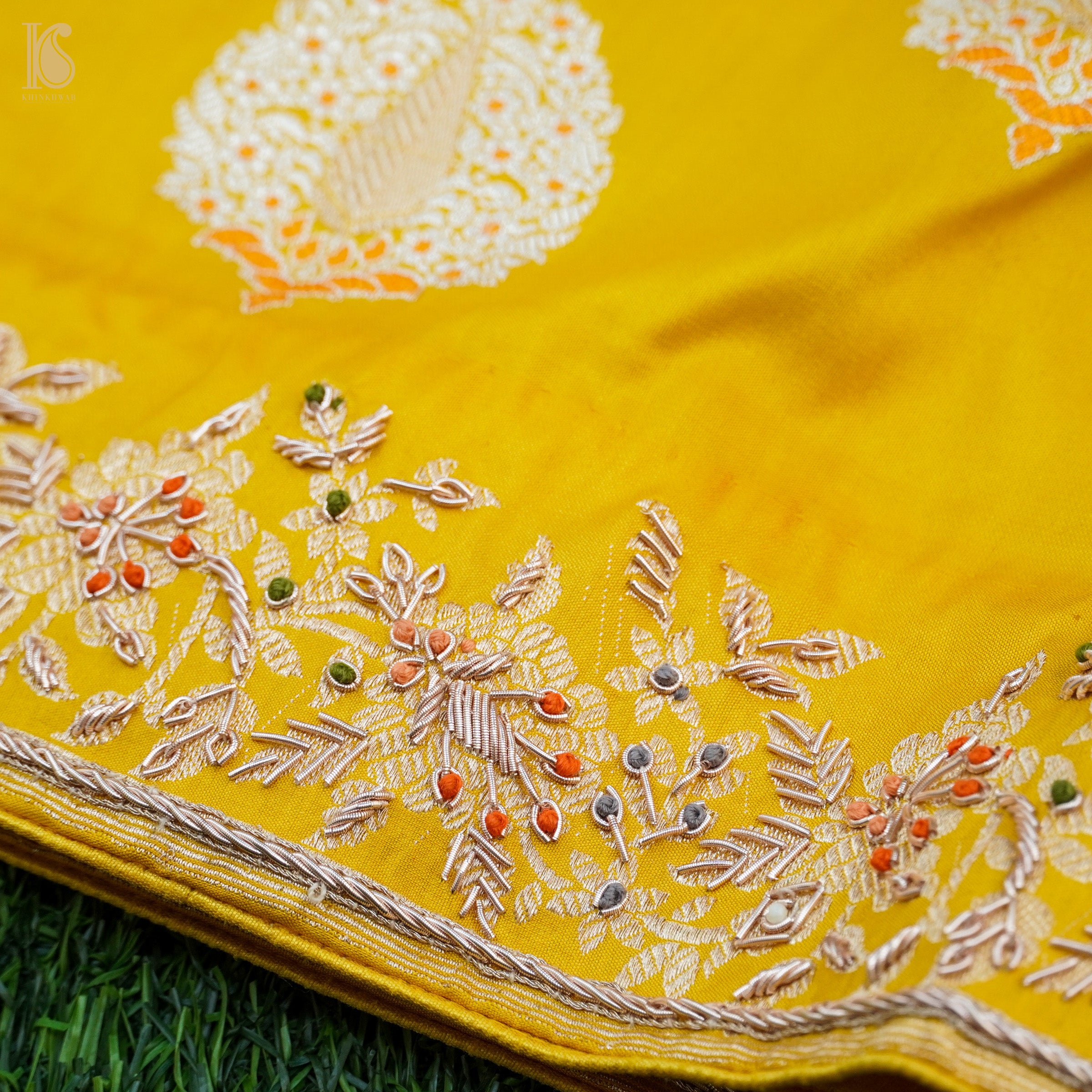 Sunflower Yellow Handwoven Banarasi Silk Mor Boota Embroidery Kadwa Saree - Khinkhwab