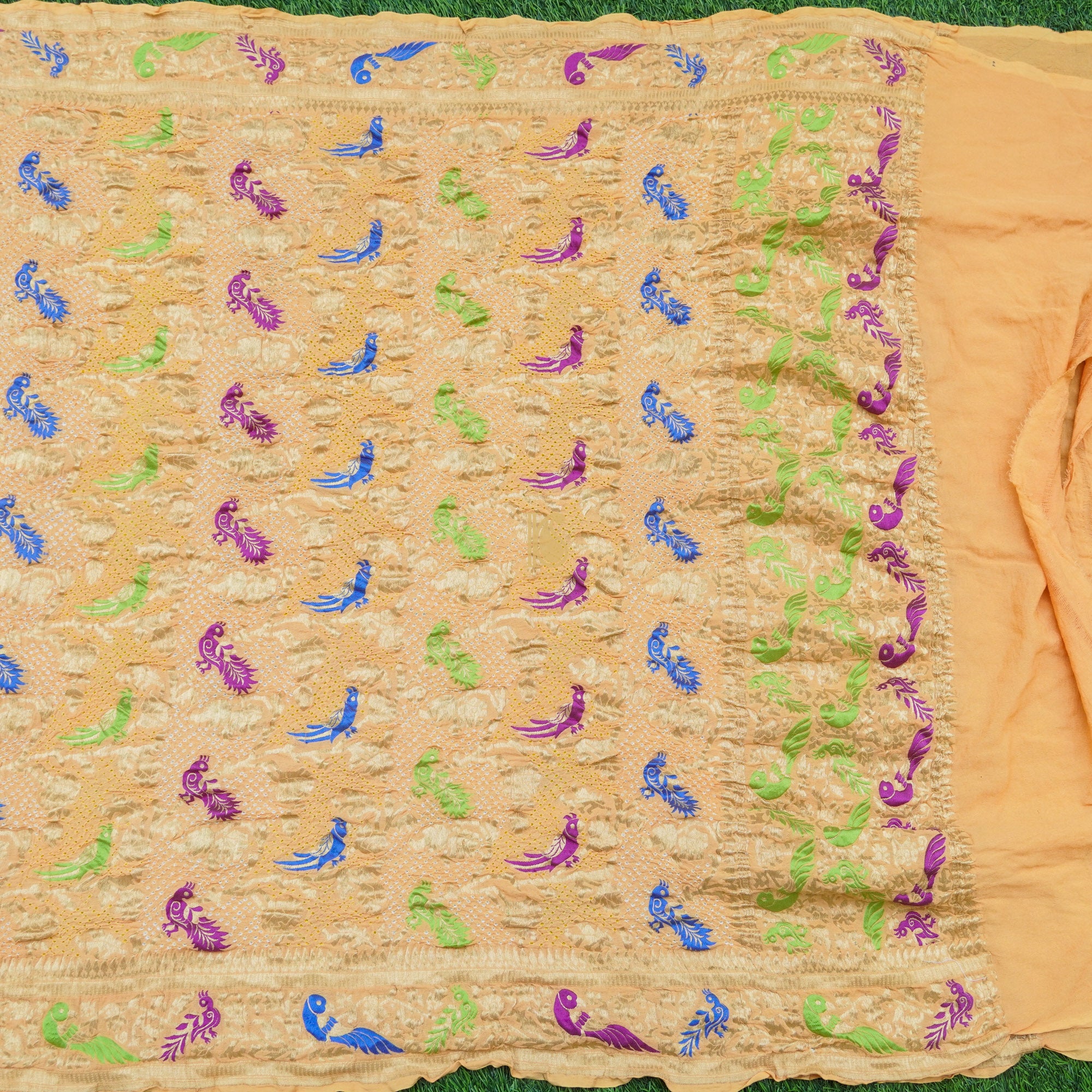 Yellow Pure Georgette Handloom Banarasi Bird Bandhani Dupatta - Khinkhwab