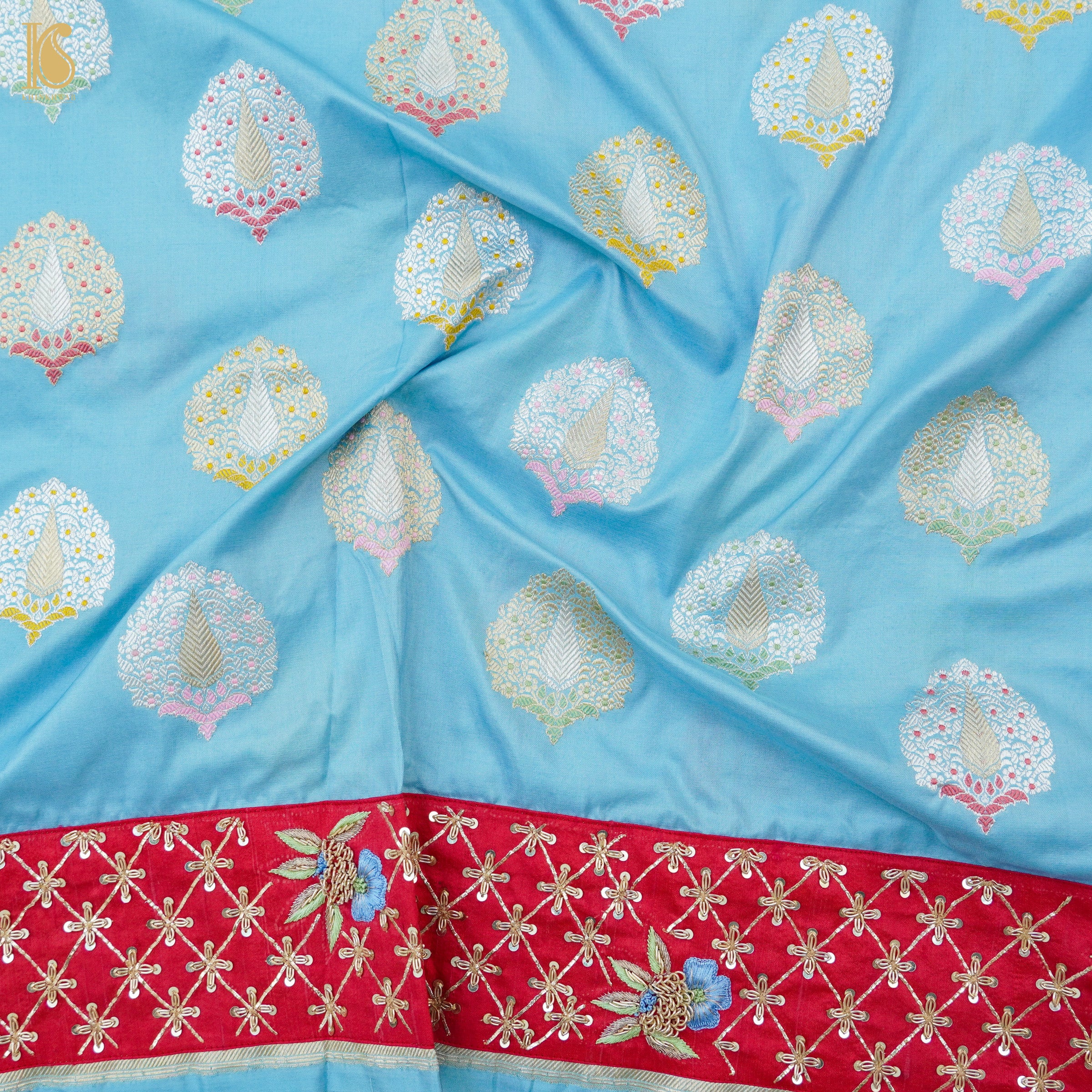 Seagull Blue Handwoven Banarasi Silk Mor Boota Embroidery Kadwa Saree - Khinkhwab
