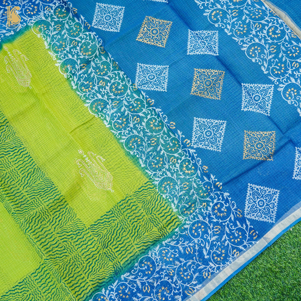 Citron Green & Blue Handloom Kota Cotton Print Saree - Khinkhwab