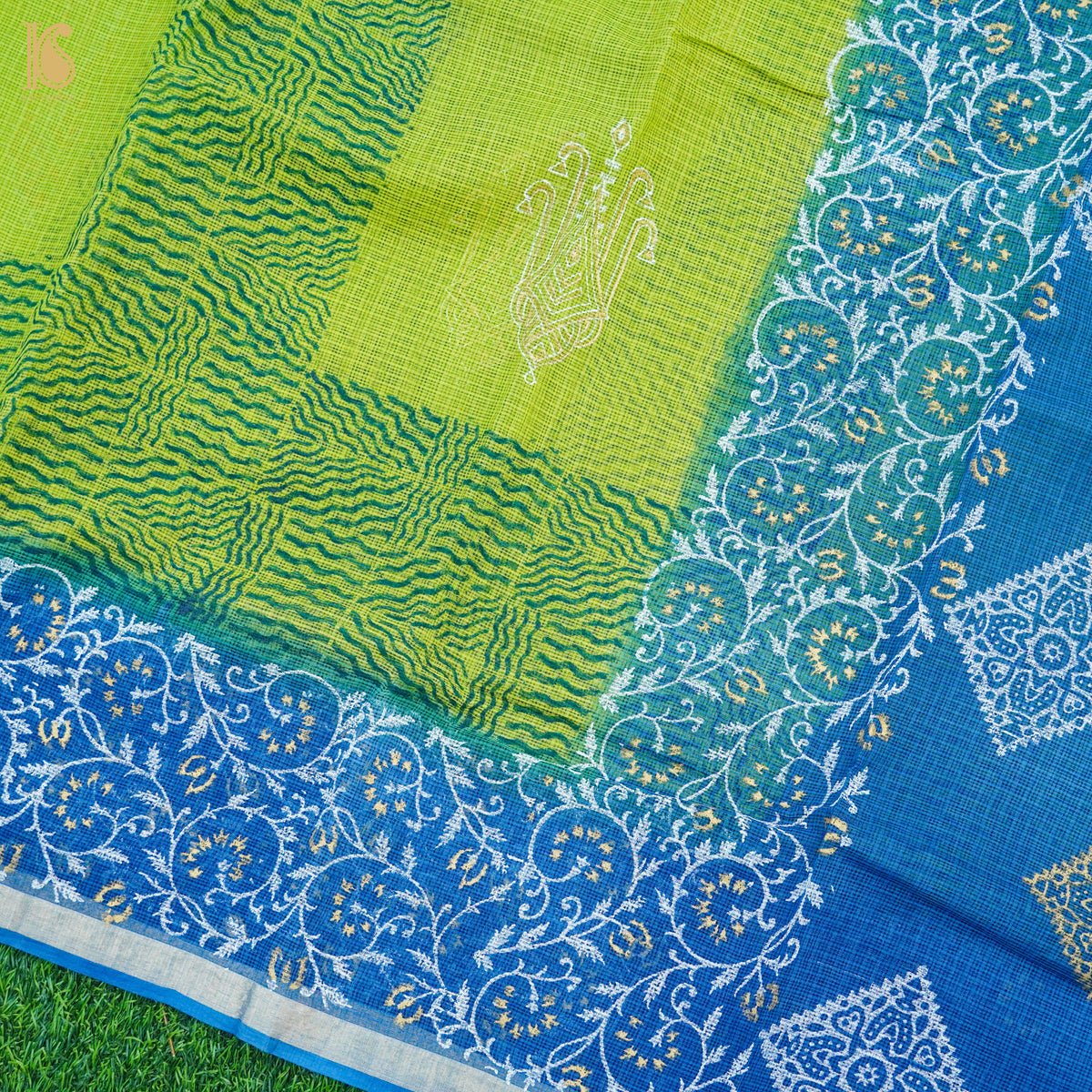 Citron Green & Blue Handloom Kota Cotton Print Saree - Khinkhwab