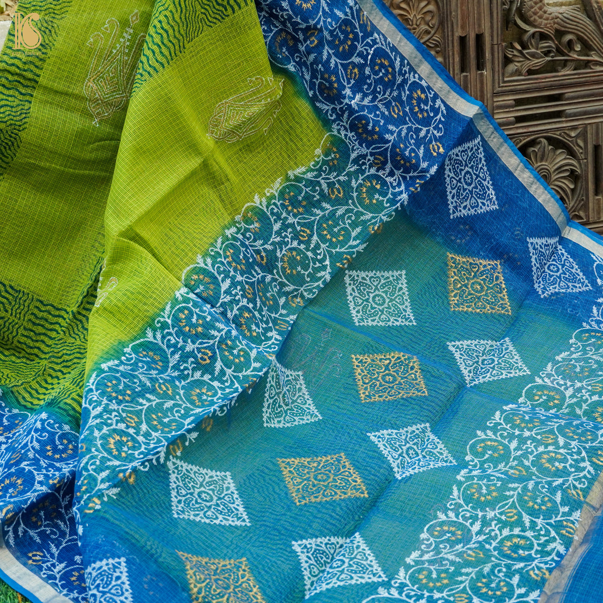 Citron Green & Blue Handloom Kota Cotton Print Saree - Khinkhwab
