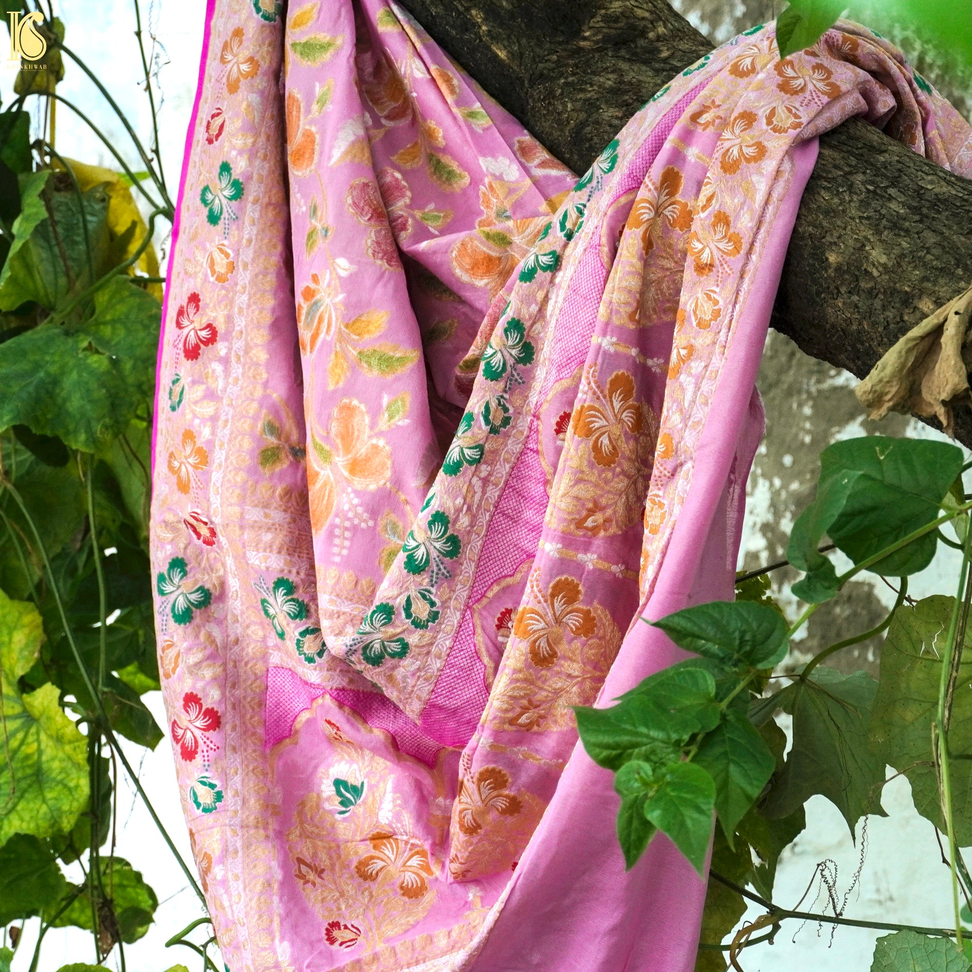 Thistle Pink Pure Georgette Handloom Banarasi Dahlia Dupatta - Khinkhwab