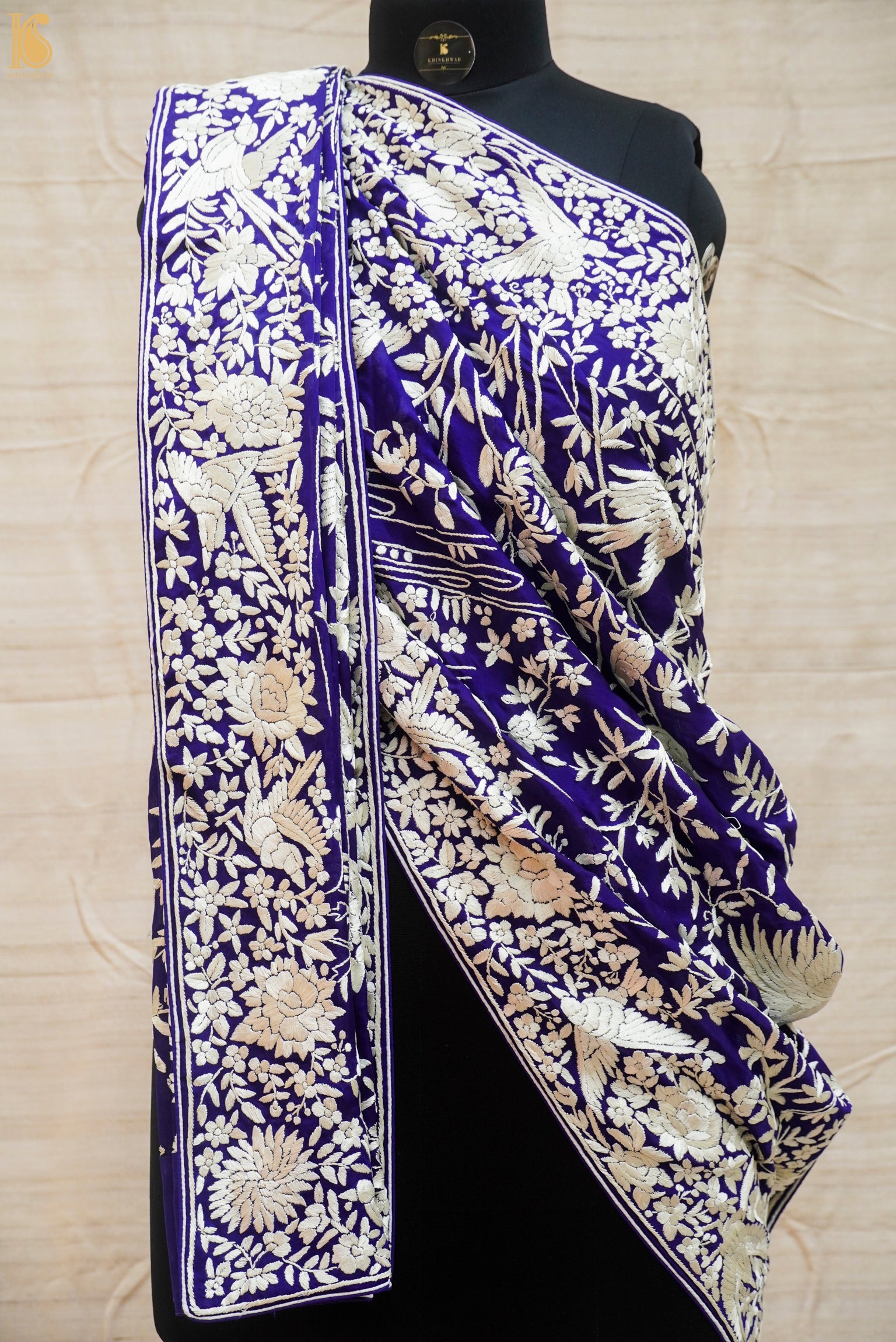 Midnight Blue Handcrafted Parsi Gara Pure Georgette Dupatta - Khinkhwab