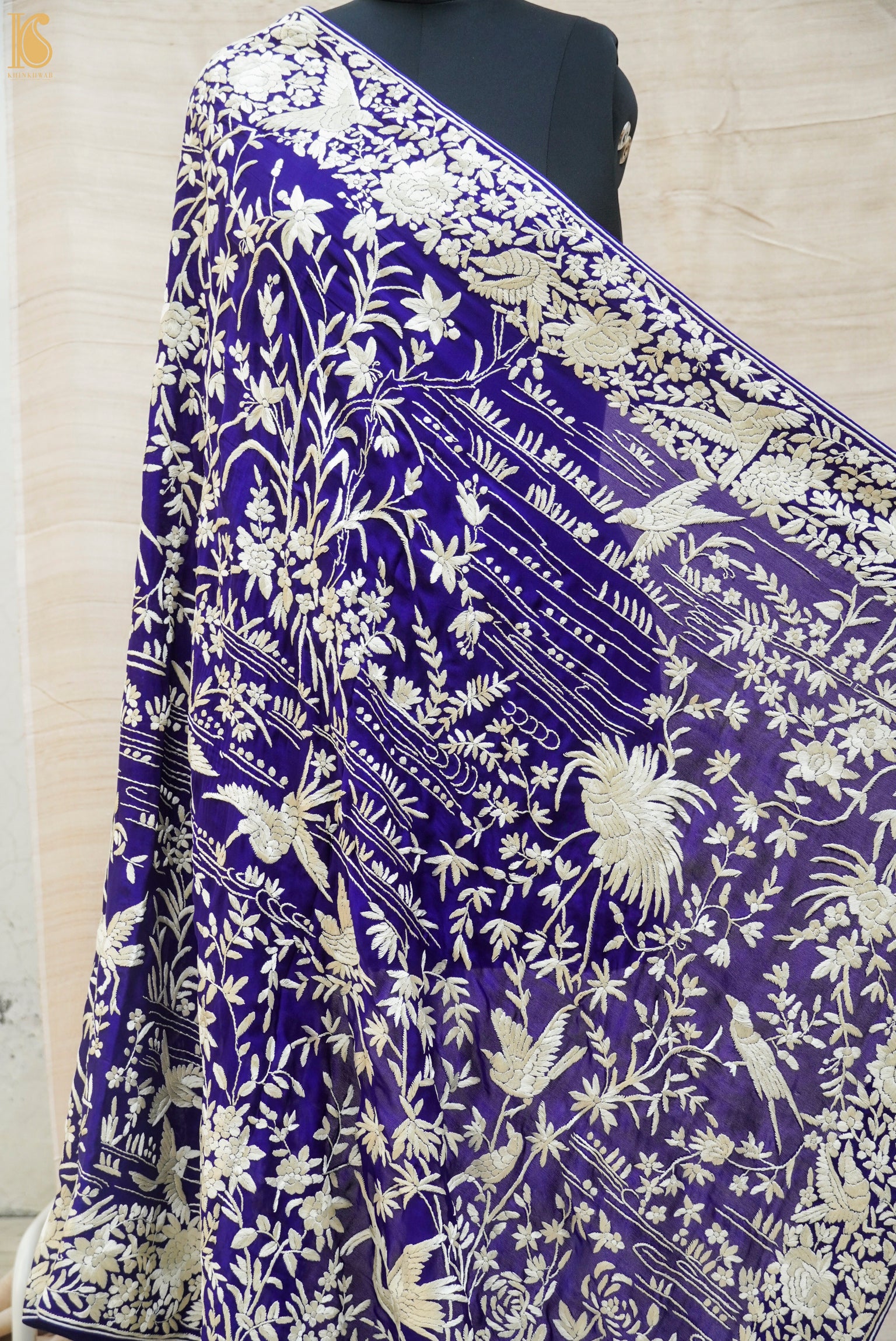 Midnight Blue Handcrafted Parsi Gara Pure Georgette Dupatta - Khinkhwab
