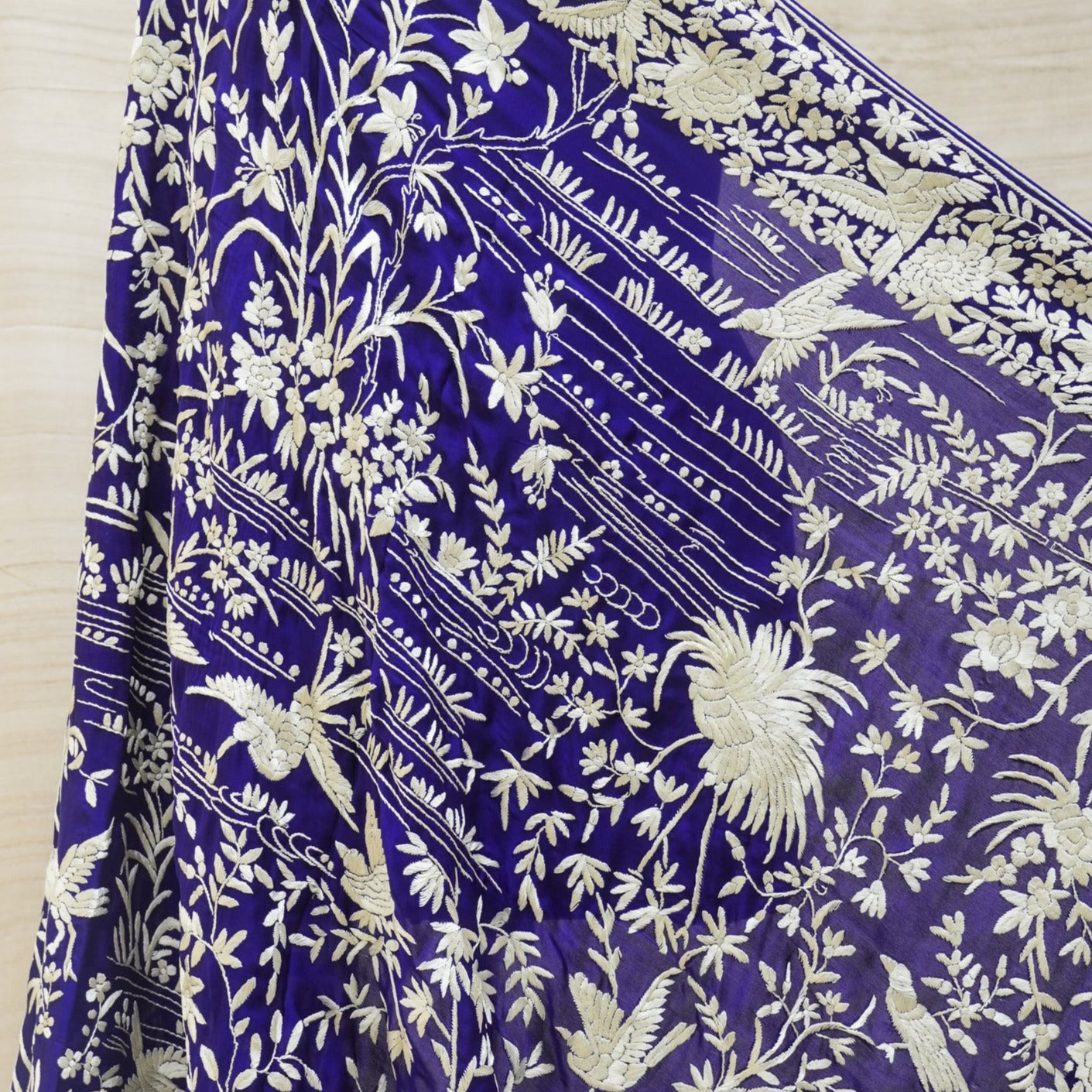 Midnight Blue Handcrafted Parsi Gara Pure Georgette Dupatta - Khinkhwab