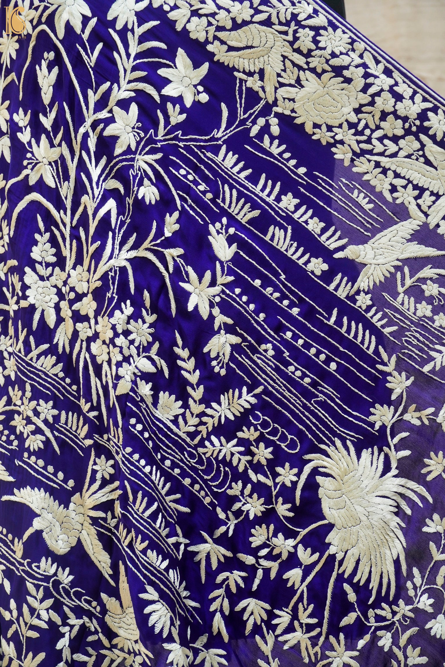 Midnight Blue Handcrafted Parsi Gara Pure Georgette Dupatta - Khinkhwab