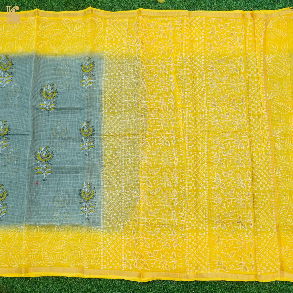 Grey & Yellow Handloom Kota Cotton Print Saree - Khinkhwab
