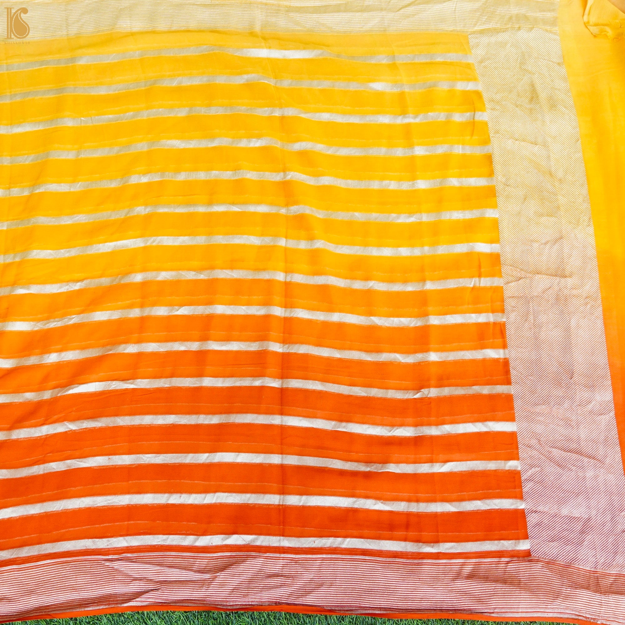 Yellow & Orange Pure Georgette Handloom Banarasi Stripes Dupatta - Khinkhwab