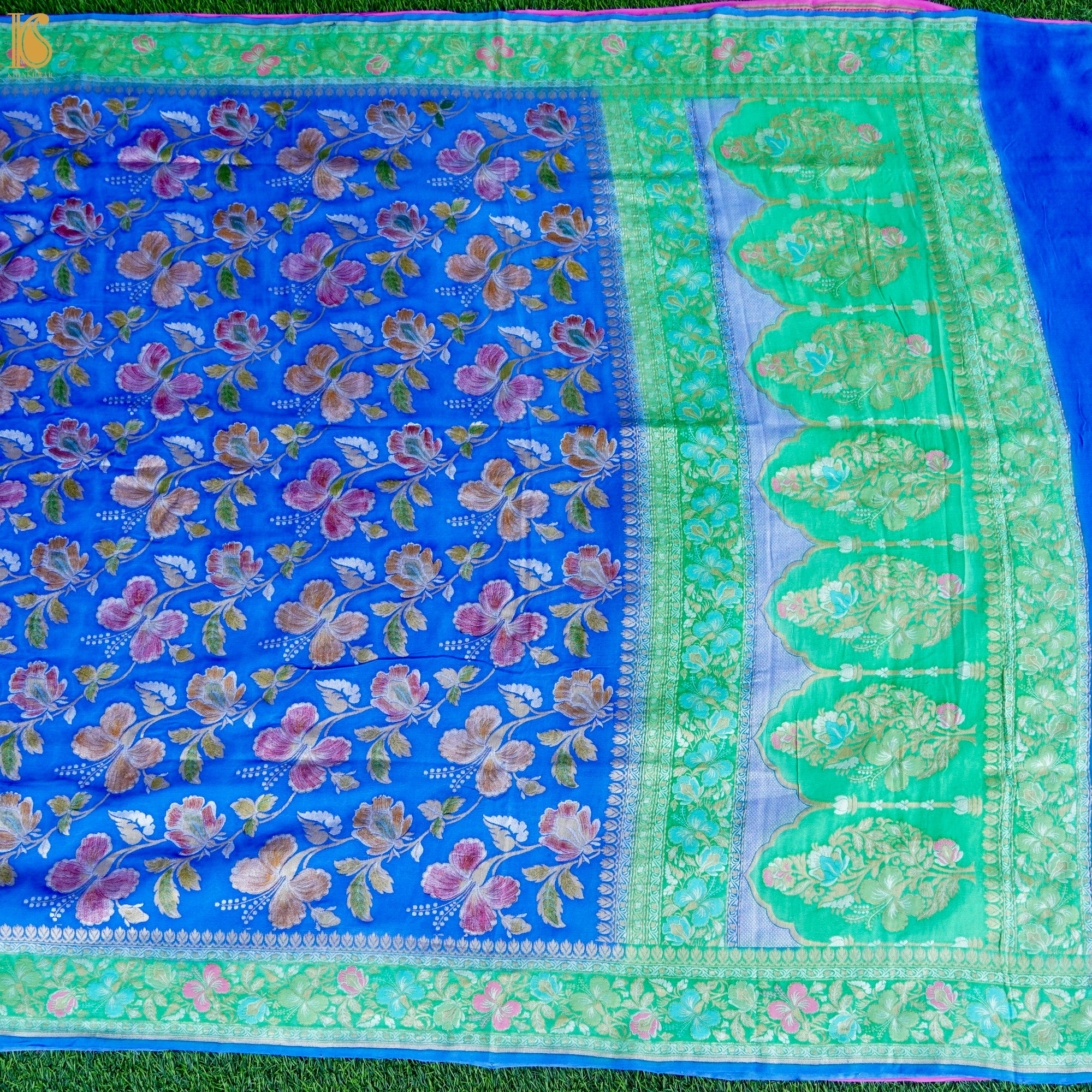 Blue Pure Georgette Handloom Banarasi Dahlia Saree - Khinkhwab