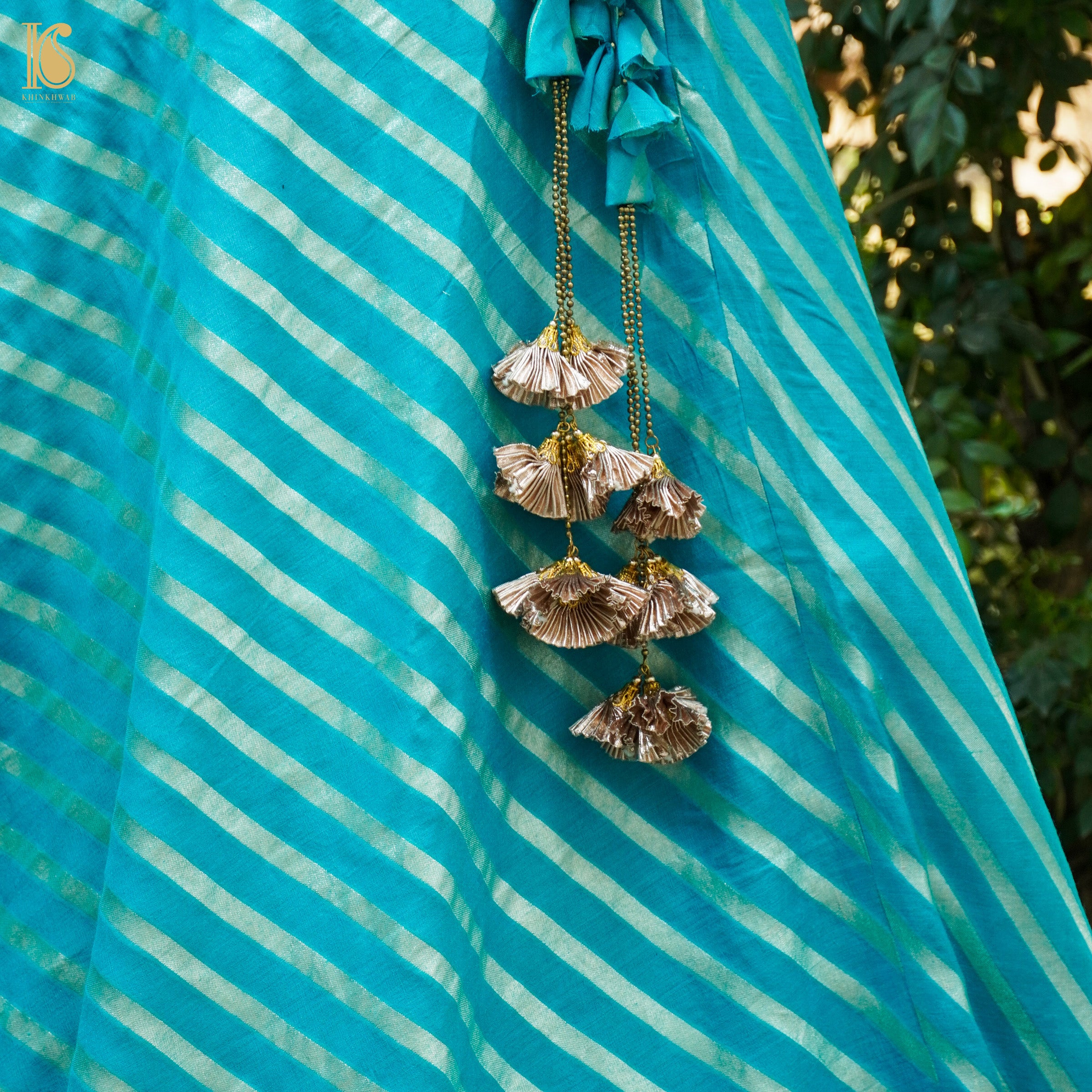 Iris Blue Handloom Moonga Silk Banarasi Stripes Stitched Lehenga - Khinkhwab