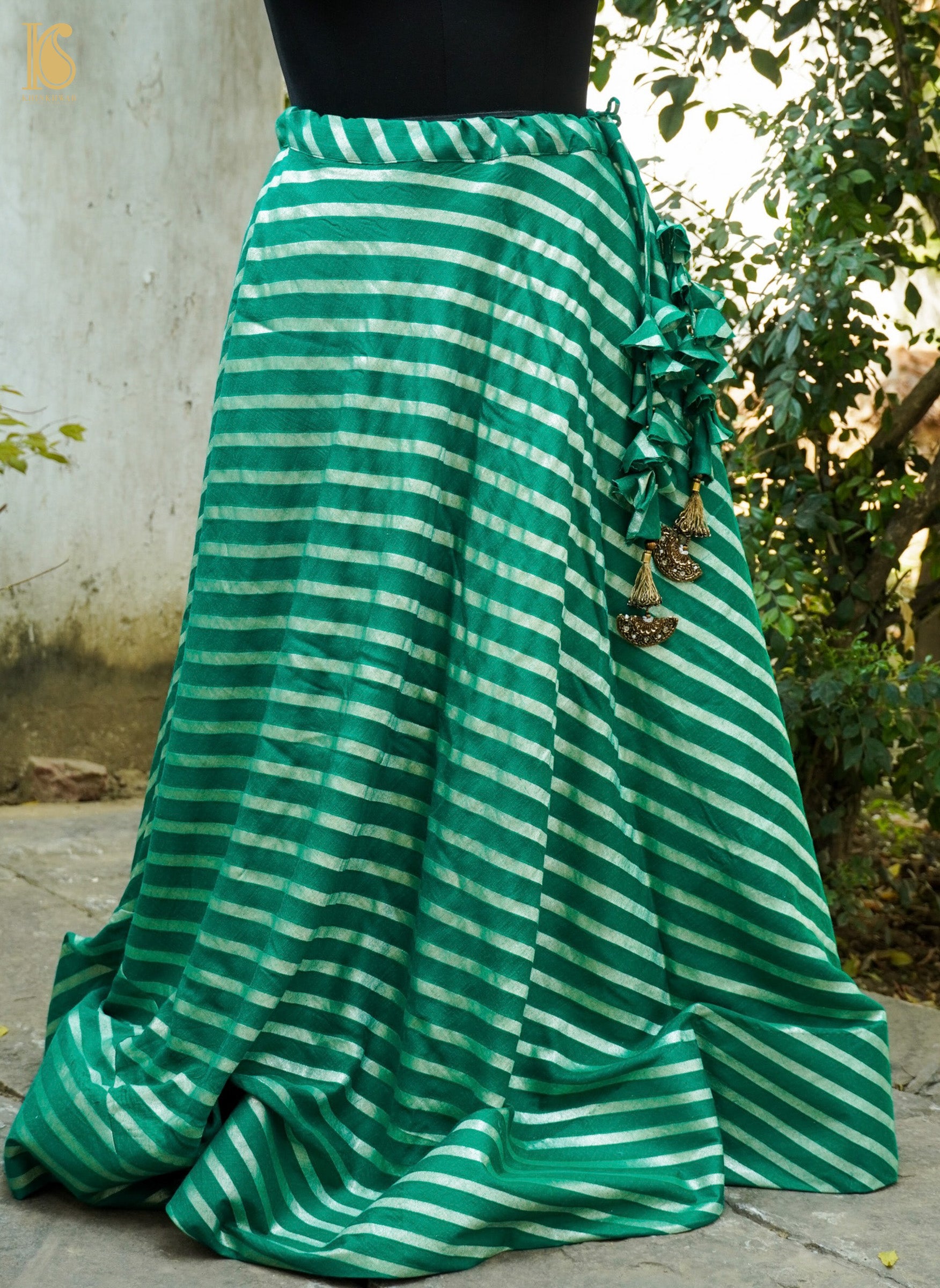 Rain Forest Green Handloom Moonga Silk Banarasi Stripes Stitched Lehenga - Khinkhwab